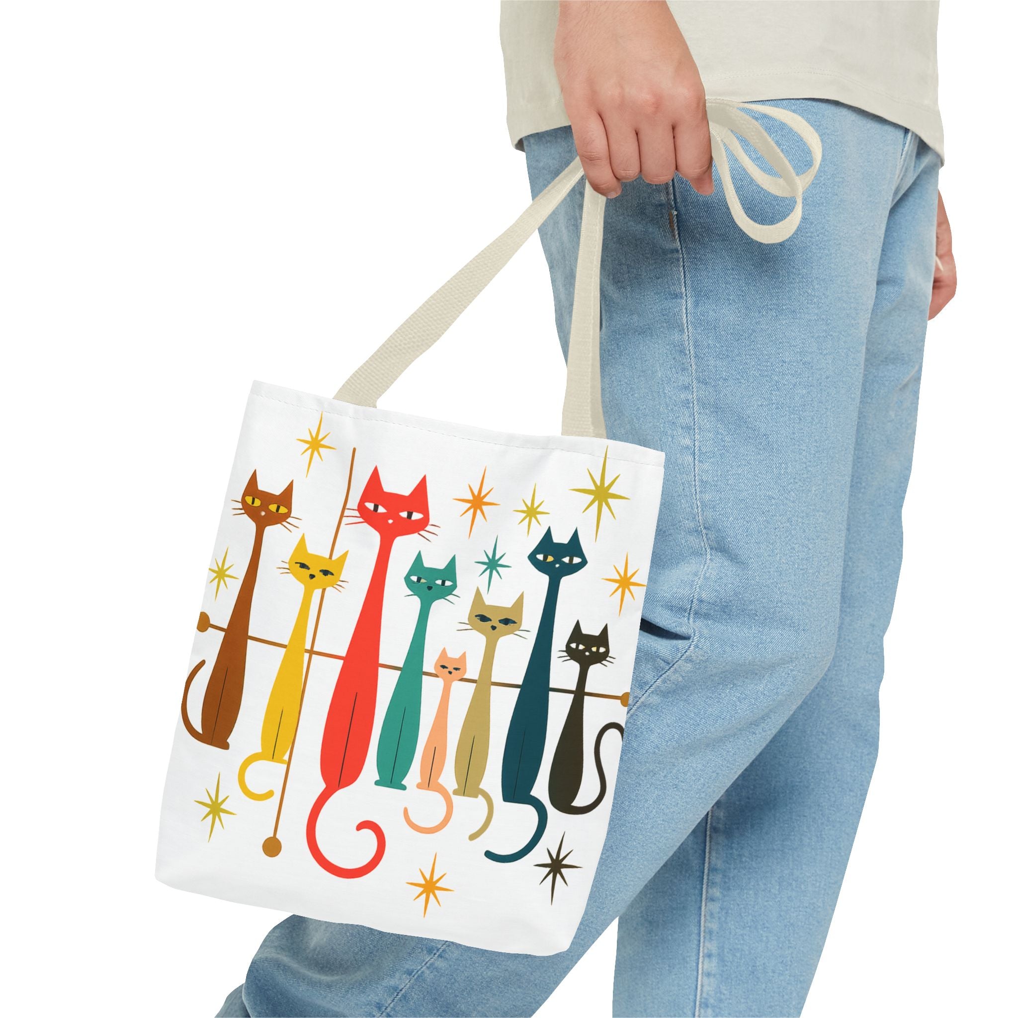 Retro Long Cats Tote Bag | Colorful Mid-Century Cat Pattern