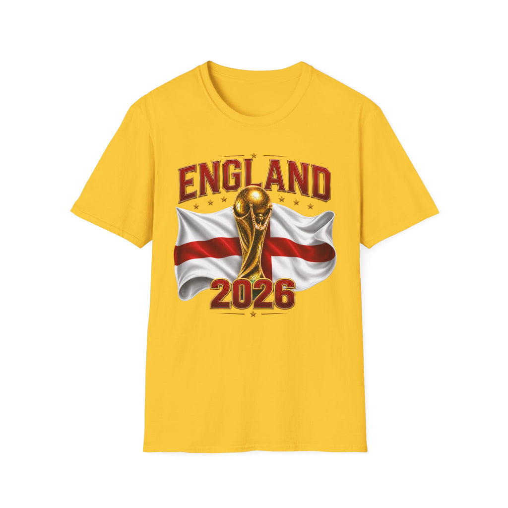 England 2026 World Cup T-Shirt — Gold Trophy & St George’s Flag Soccer Fan Tee