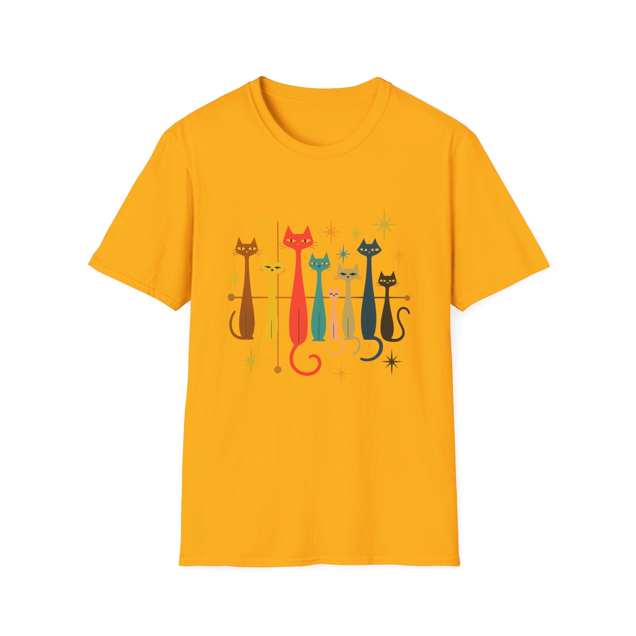 Retro Mid-Century Cats T-Shirt | Colorful Stylized Cat Illustration