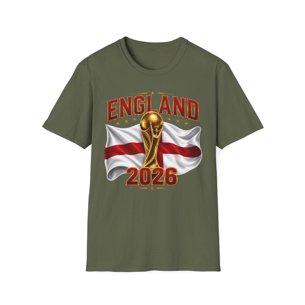 England 2026 World Cup T-Shirt — Gold Trophy & St George’s Flag Soccer Fan Tee