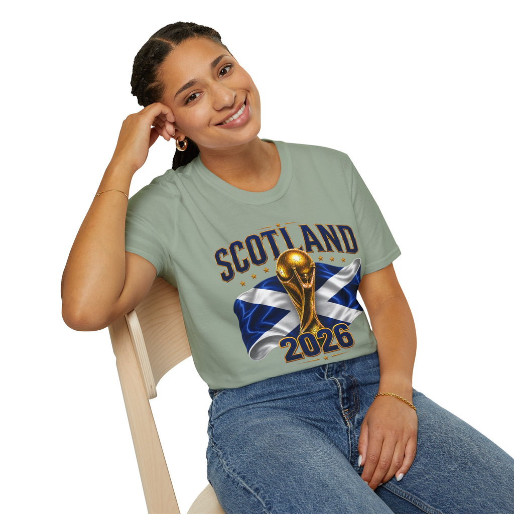 Scotland 2026 World Cup Soccer T-Shirt — Scottish Flag & Trophy Football Tee
