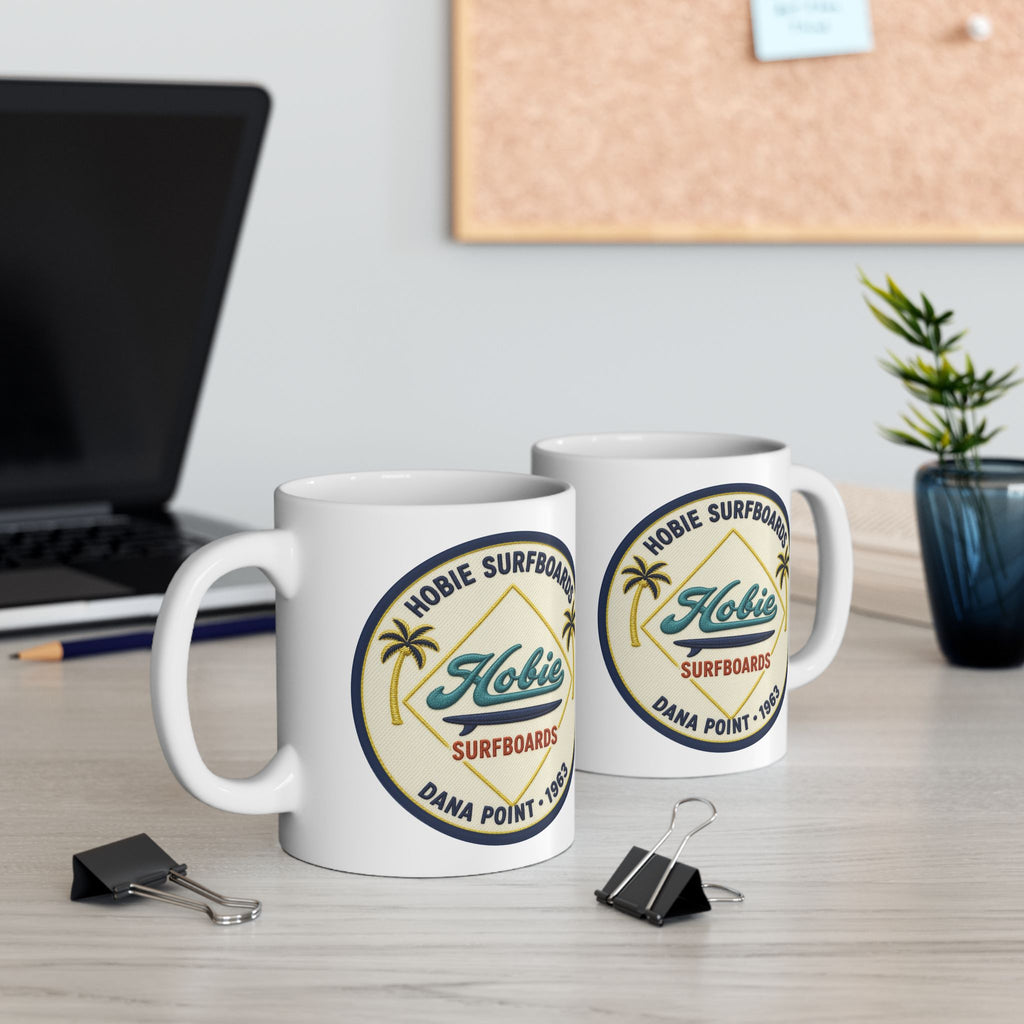 Vintage Beach Club Hobie Surfboards Ceramic Mug – Retro Palm Tree Surf Emblem Since 1963  (11oz, 15oz)