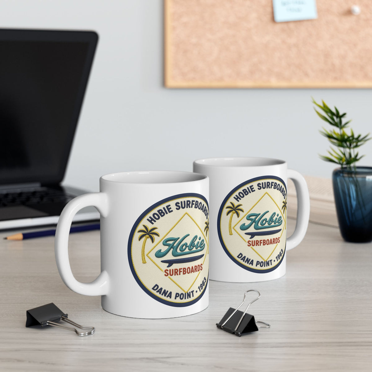 Vintage Beach Club Hobie Surfboards Ceramic Mug – Retro Palm Tree Surf Emblem Since 1963  (11oz, 15oz)