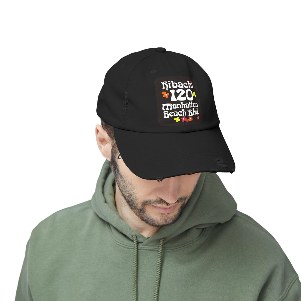 Distressed Cap — Hibachi 120 Manhattan Beach Blvd. Retro Floral Hat "Gone But Not Forgotten" #OldSchool