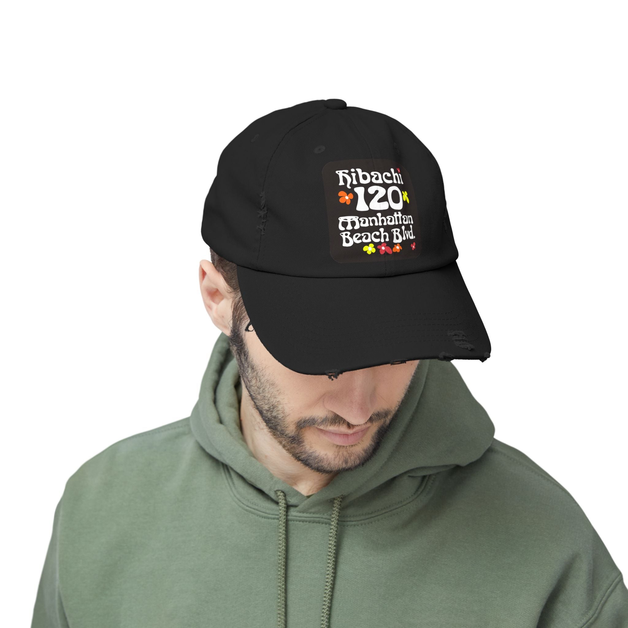 Distressed Cap — Hibachi 120 Manhattan Beach Blvd. Retro Floral Hat "Gone But Not Forgotten" #OldSchool