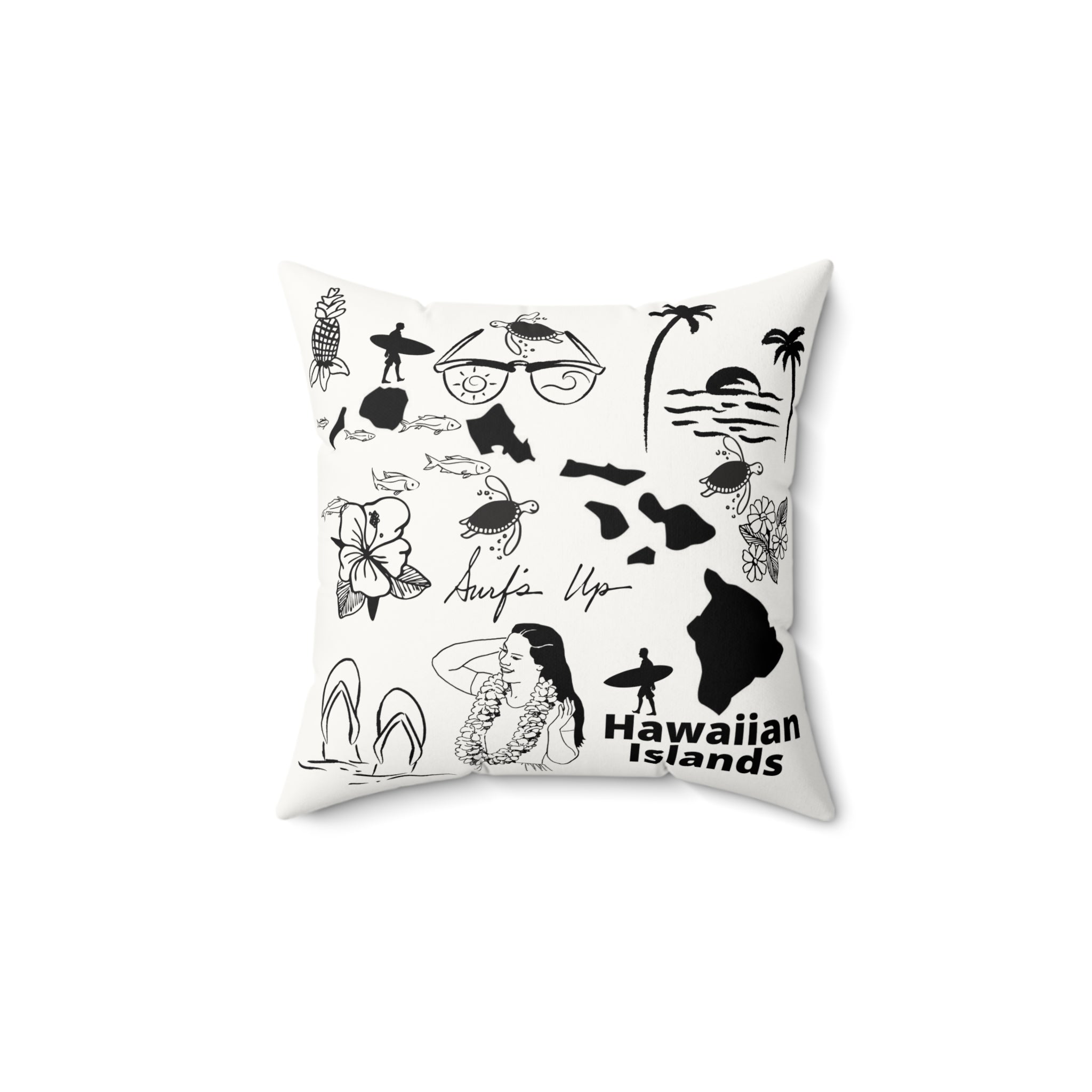 Hawaiian Islands - Black and White Faux Suede Square Pillow