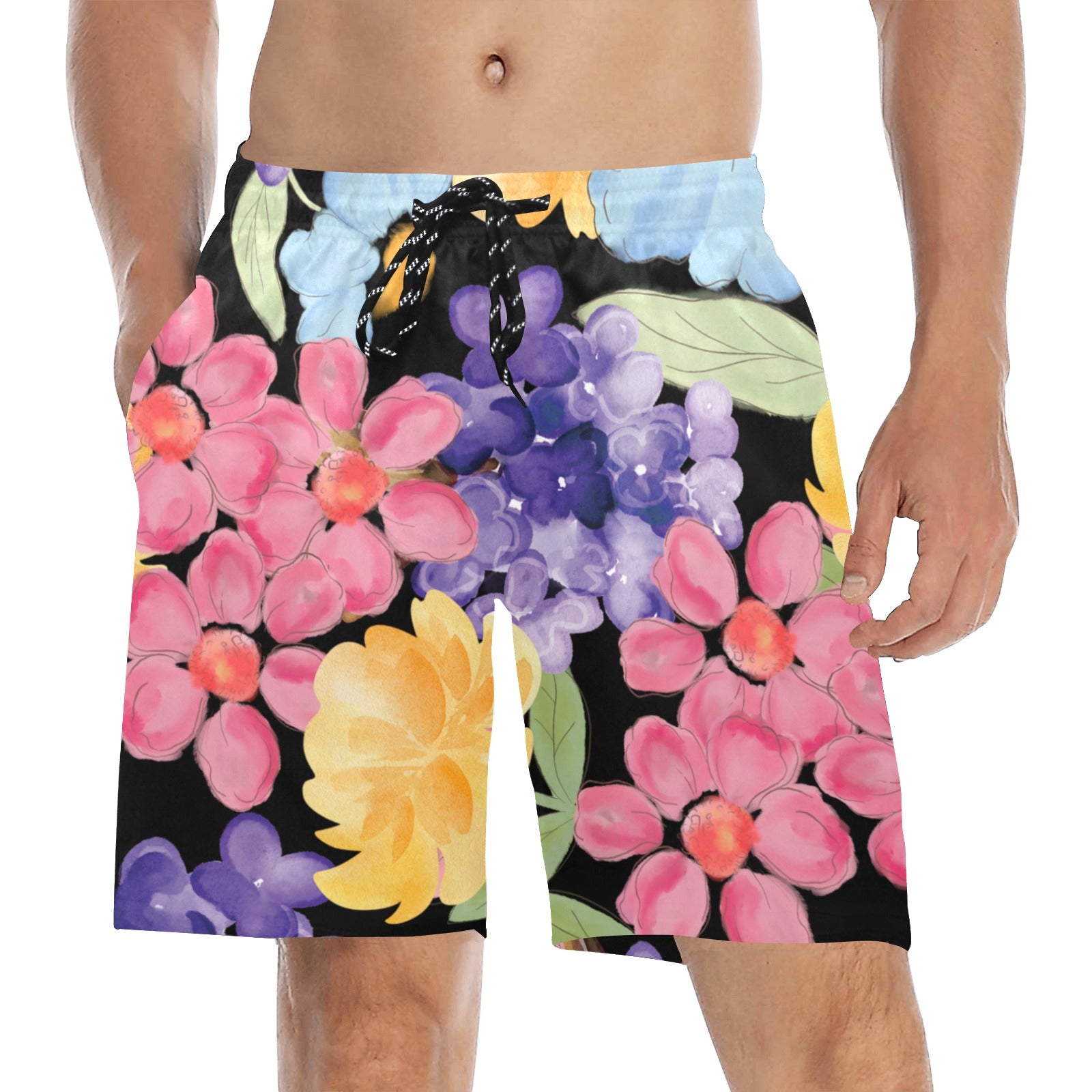 Watercolor Flowers Men's Mid-Length Beach Shorts Free Shipping