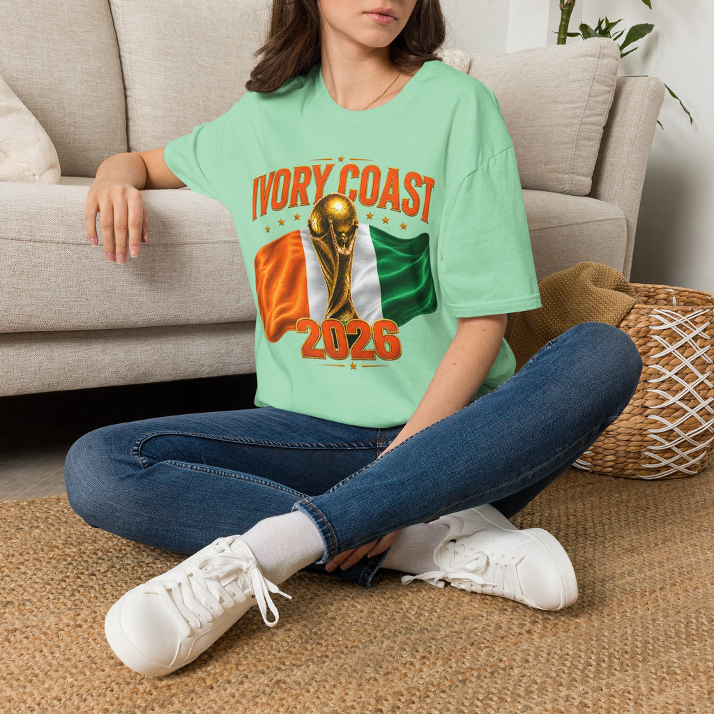 Ivory Coast 2026 World Cup T‑Shirt — FIFA Trophy & Flag Soccer Fan Tee