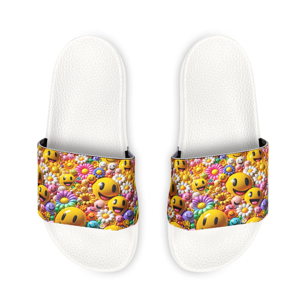 Smiley Flower Pattern Sandals | Youth Slides with Emoji Floral Strap