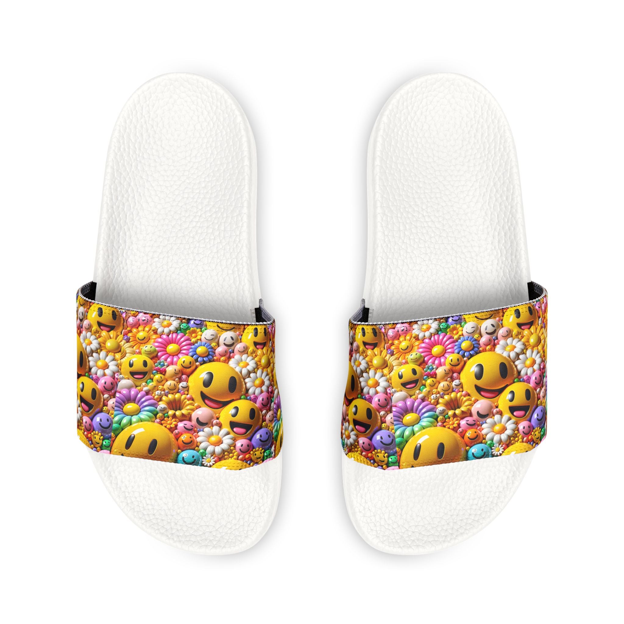 Smiley Flower Pattern Sandals | Youth Slides with Emoji Floral Strap