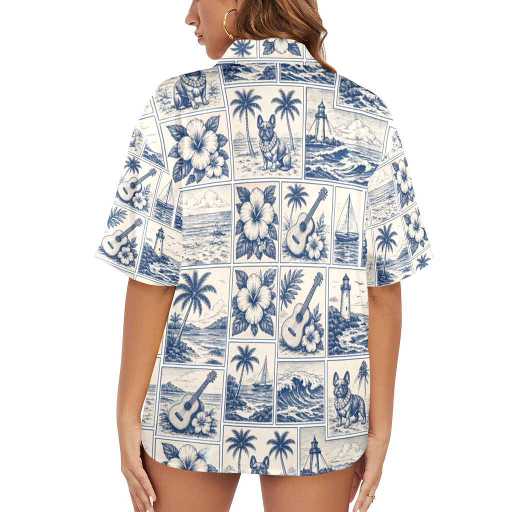 French Bull Dog Nautical Sailing Surf Women's All Over Print Hawaiian Shirt （Made in USA Ships to USA Only）