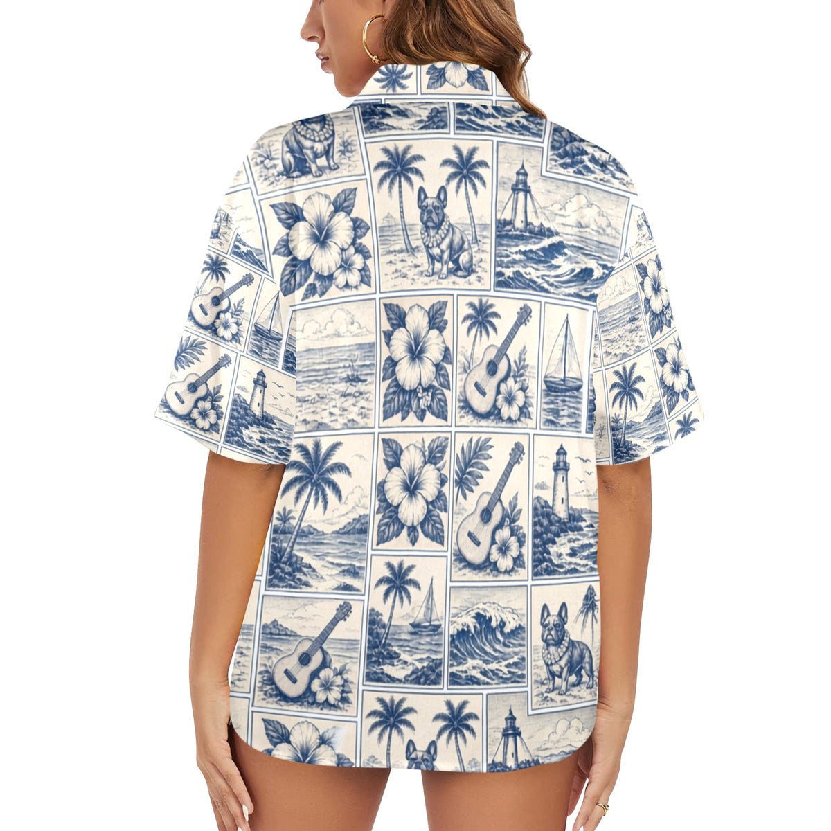 French Bull Dog Nautical Sailing Surf Women's All Over Print Hawaiian Shirt （Made in USA Ships to USA Only）