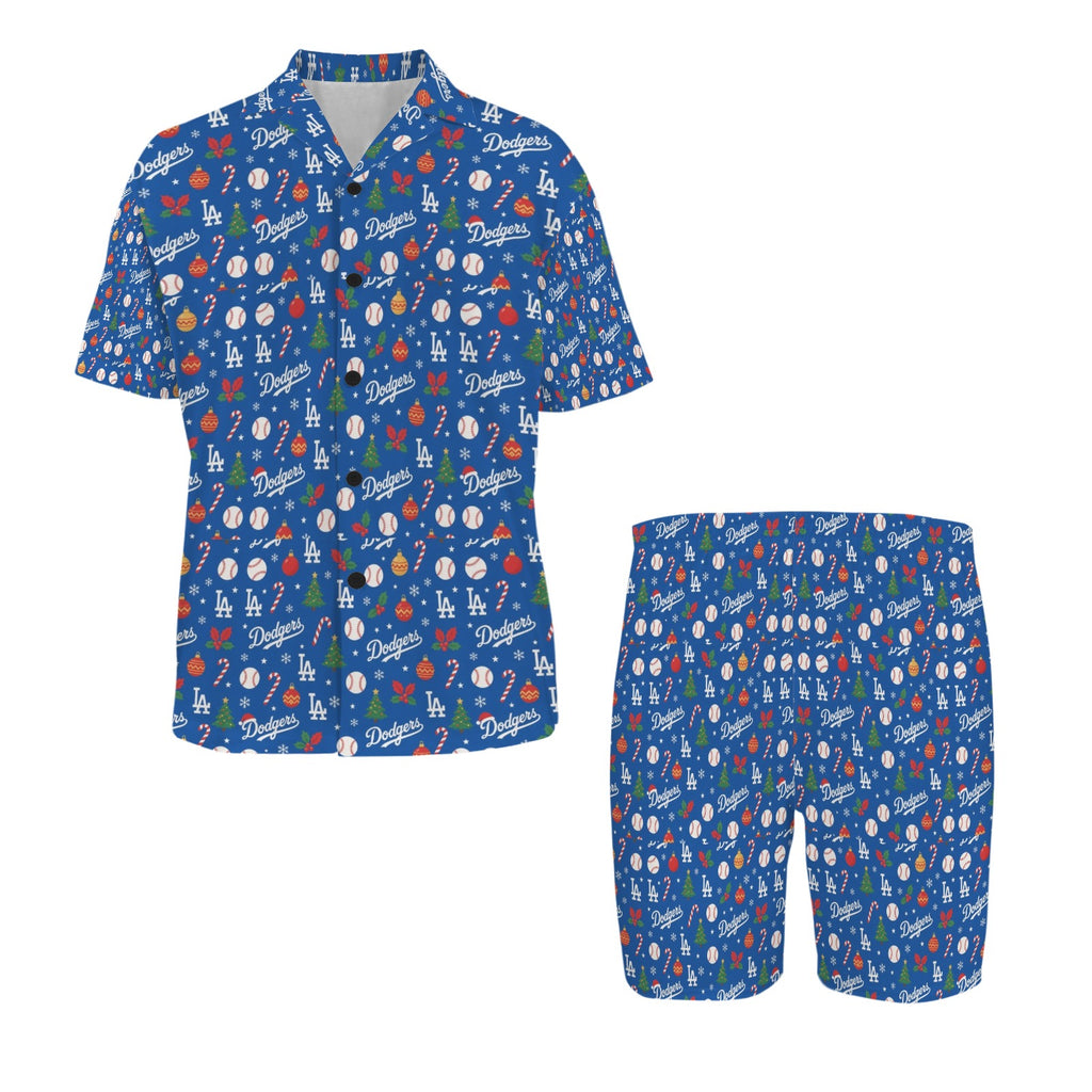 Dodgers Christmas Men's V-Neck Short Pajama Set (Made in USA，Ships to USA Only)