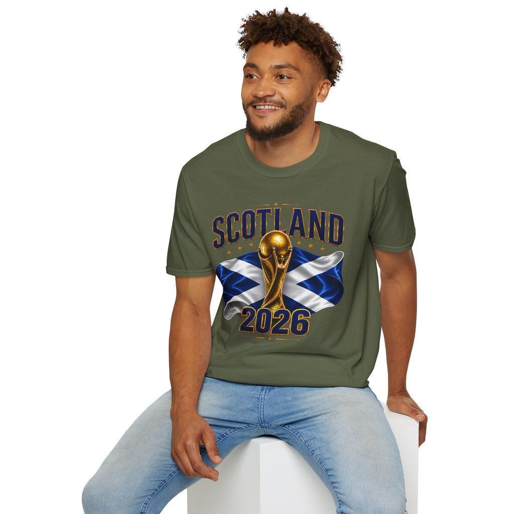 Scotland 2026 World Cup Soccer T-Shirt — Scottish Flag & Trophy Football Tee