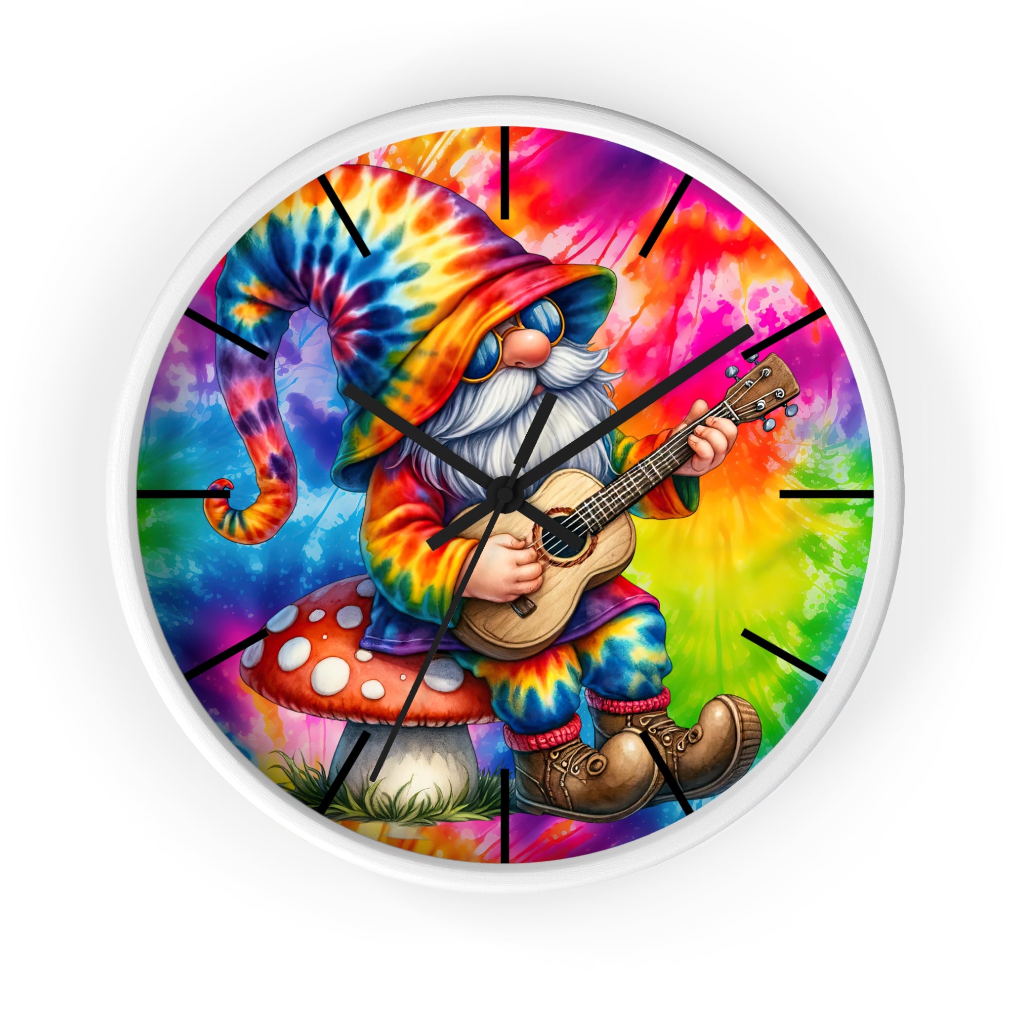 Tie-Dye Gnome Wall Clock — Psychedelic Mushroom Guitar Decor