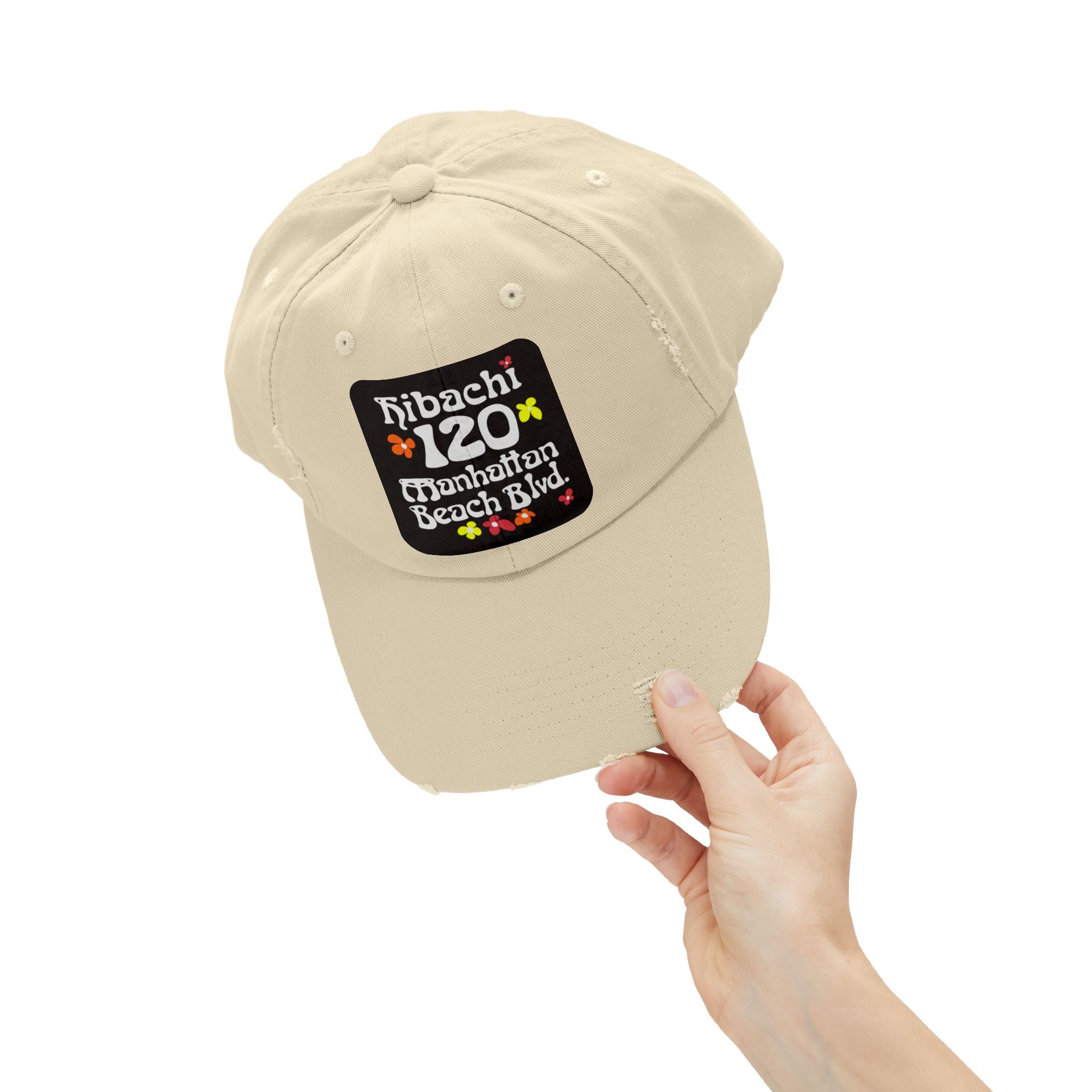 Distressed Cap — Hibachi 120 Manhattan Beach Blvd. Retro Floral Hat "Gone But Not Forgotten" #OldSchool