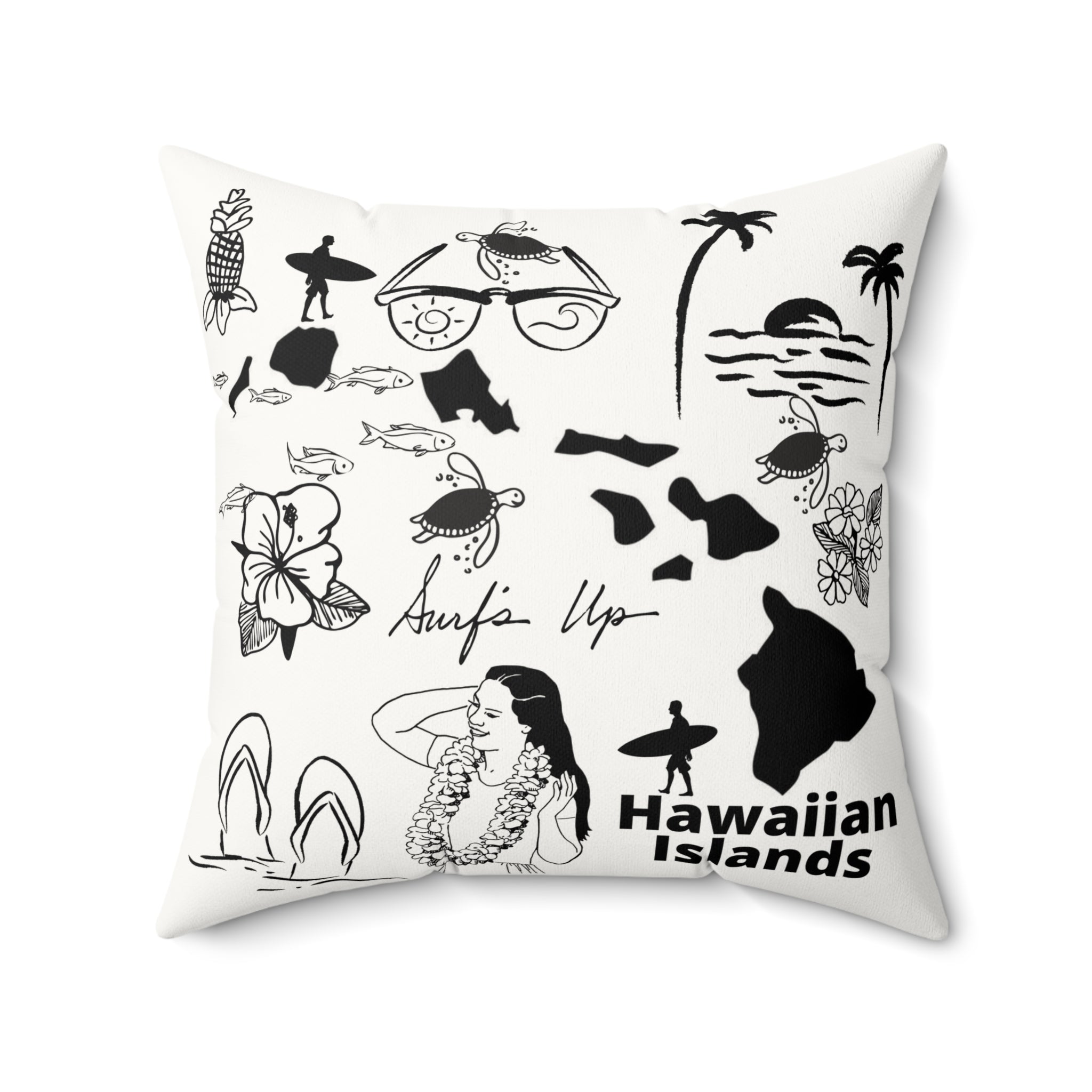 Hawaiian Islands - Black and White Faux Suede Square Pillow