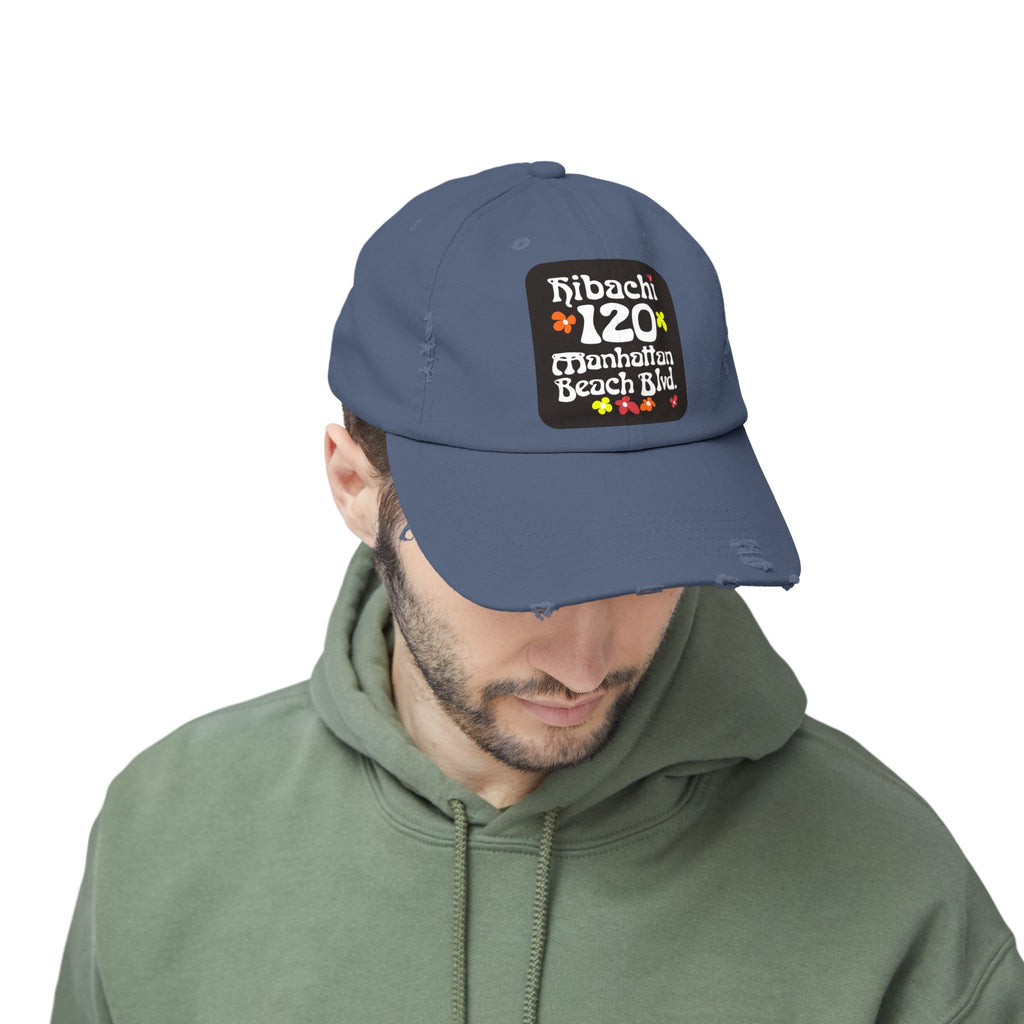 Distressed Cap — Hibachi 120 Manhattan Beach Blvd. Retro Floral Hat "Gone But Not Forgotten" #OldSchool