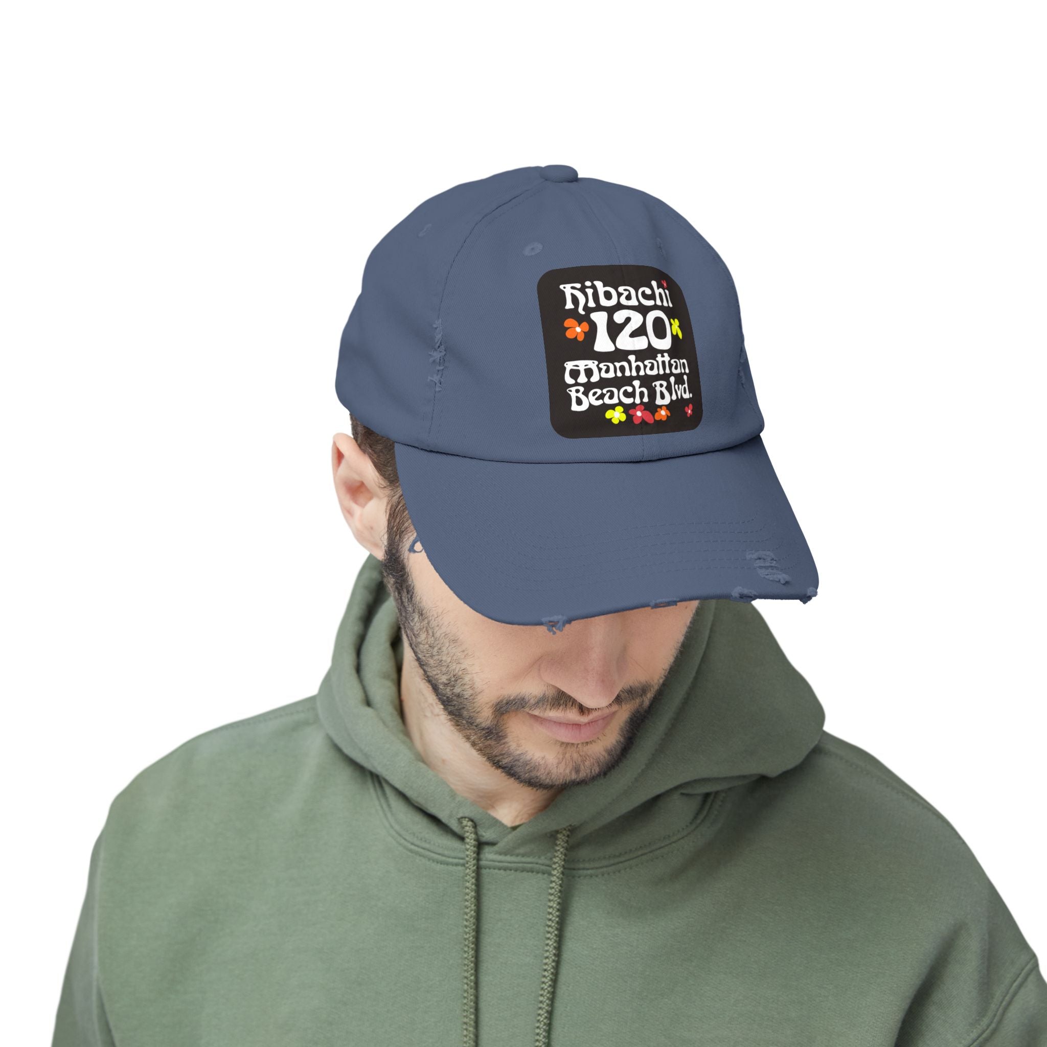 Distressed Cap — Hibachi 120 Manhattan Beach Blvd. Retro Floral Hat "Gone But Not Forgotten" #OldSchool