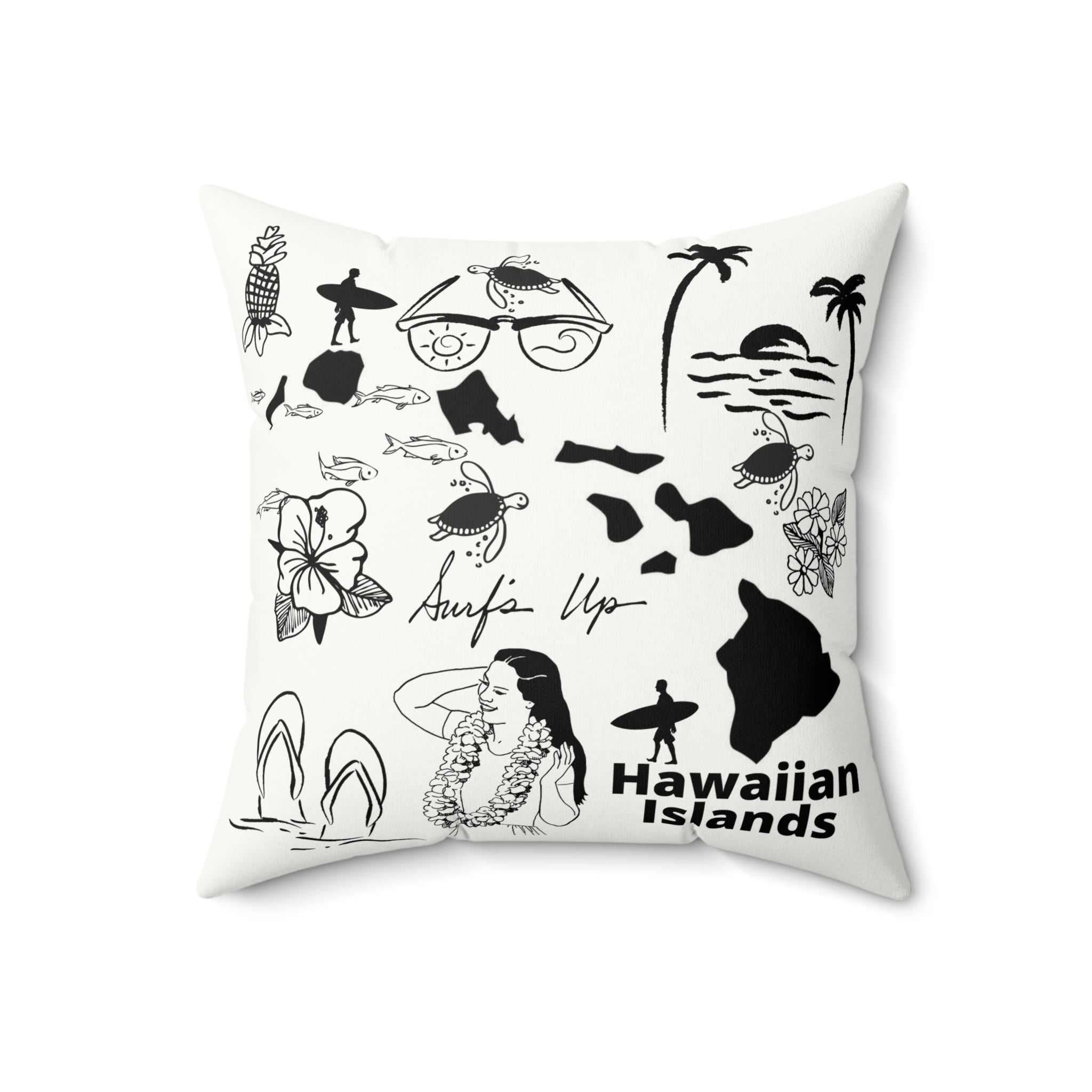 Hawaiian Islands - Black and White Faux Suede Square Pillow