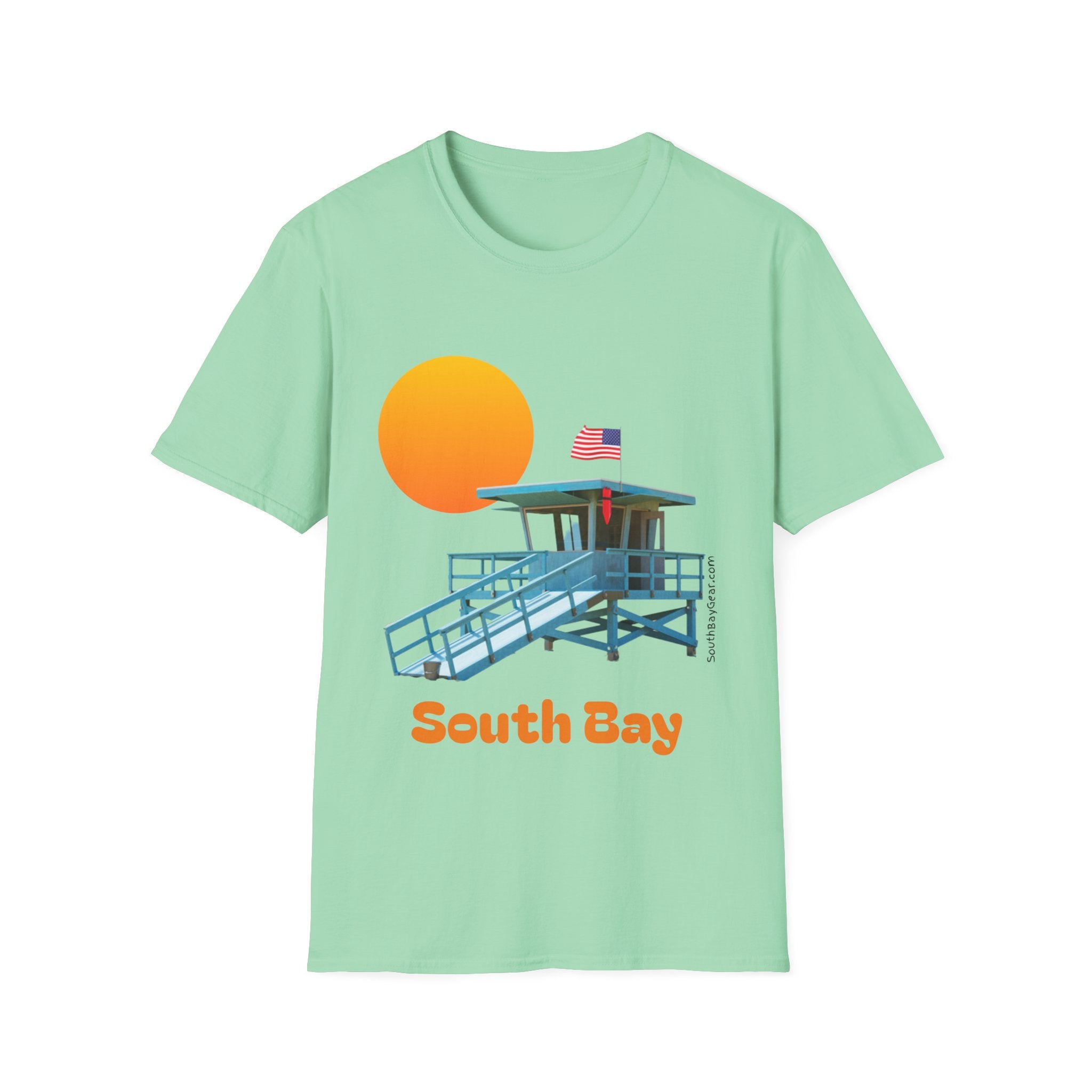 South Bay Lifeguard Stand with American Flag Beach Scene M/W Softstyle T-Shirt