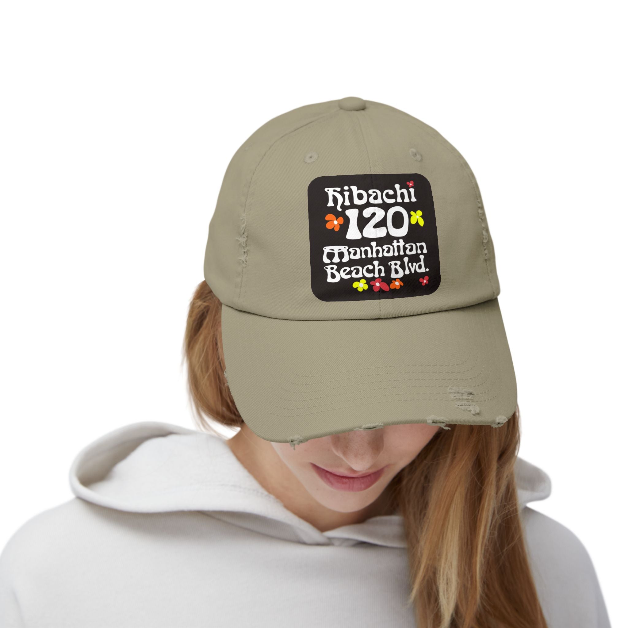 Distressed Cap — Hibachi 120 Manhattan Beach Blvd. Retro Floral Hat "Gone But Not Forgotten" #OldSchool