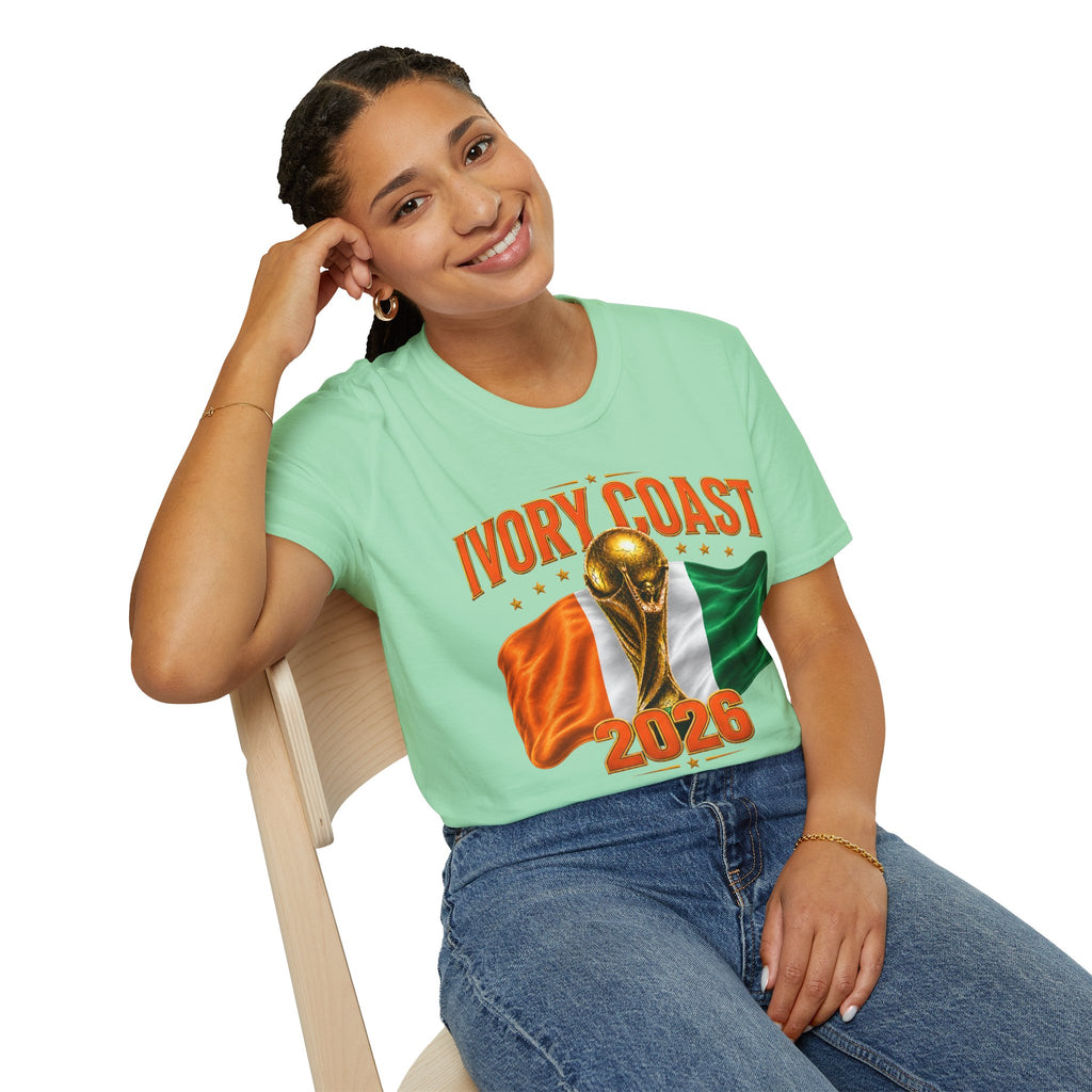 Ivory Coast 2026 World Cup T‑Shirt — FIFA Trophy & Flag Soccer Fan Tee