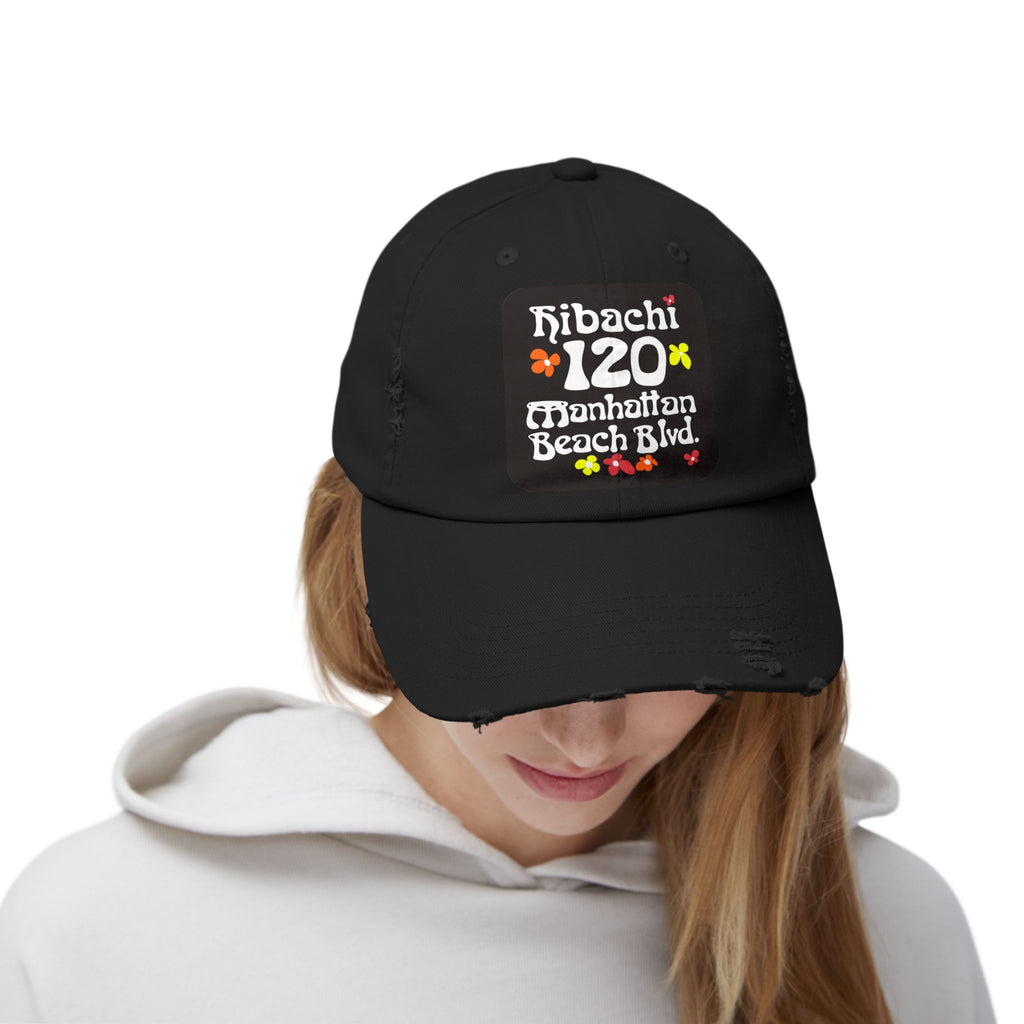 Distressed Cap — Hibachi 120 Manhattan Beach Blvd. Retro Floral Hat "Gone But Not Forgotten" #OldSchool