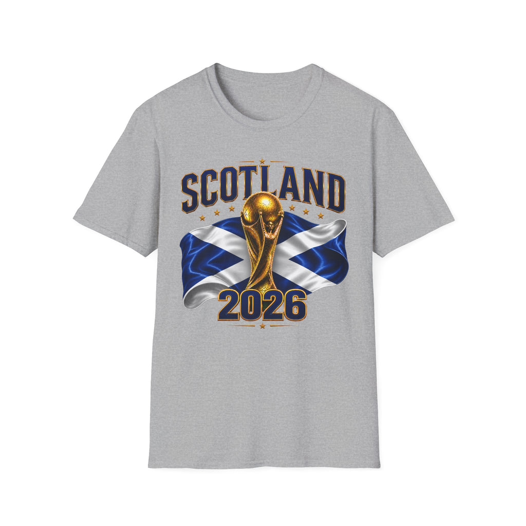 Scotland 2026 World Cup Soccer T-Shirt — Scottish Flag & Trophy Football Tee