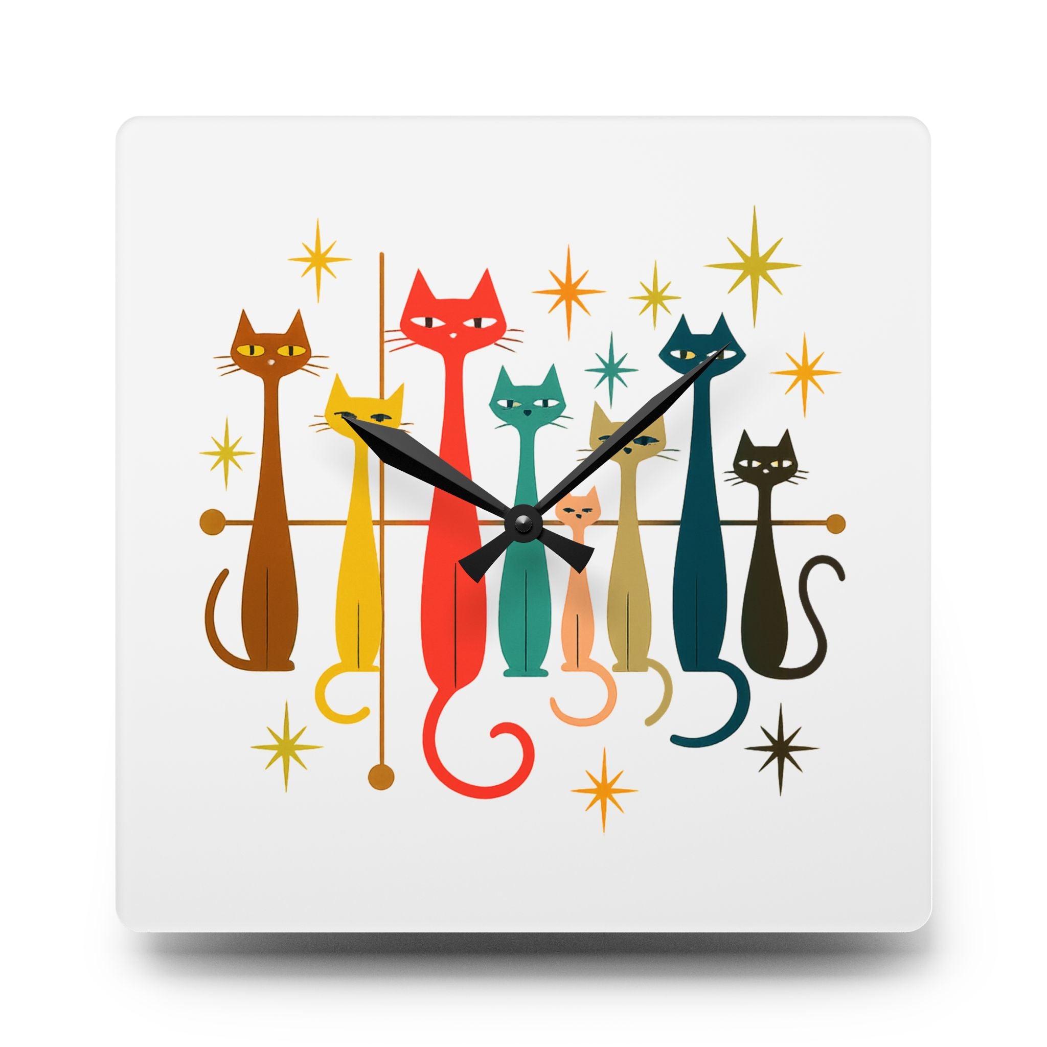 Retro Mid-Century Stylized Cats Acrylic Wall Clock | Pink Atomic Starburst
