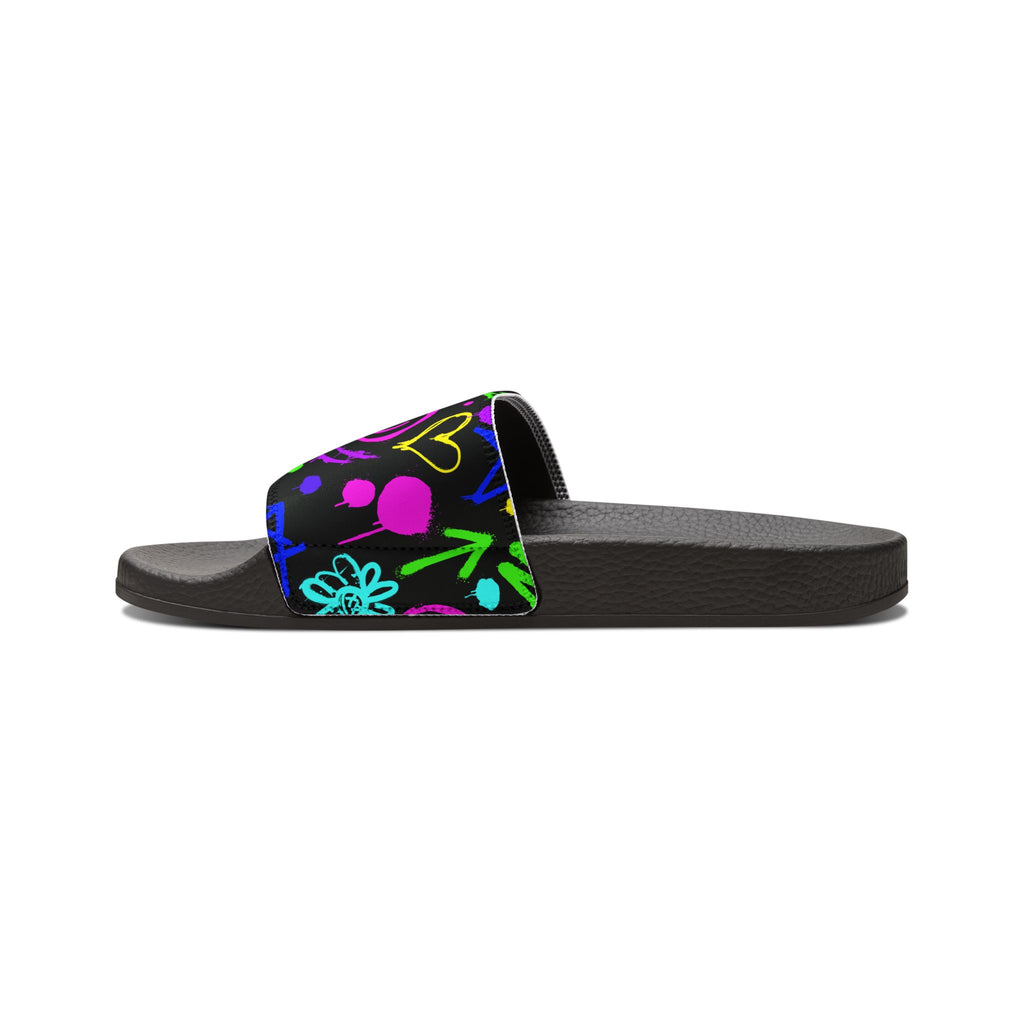 Neon Doodle Hearts and Flowers Youth Sandals | Removable Strap Slides