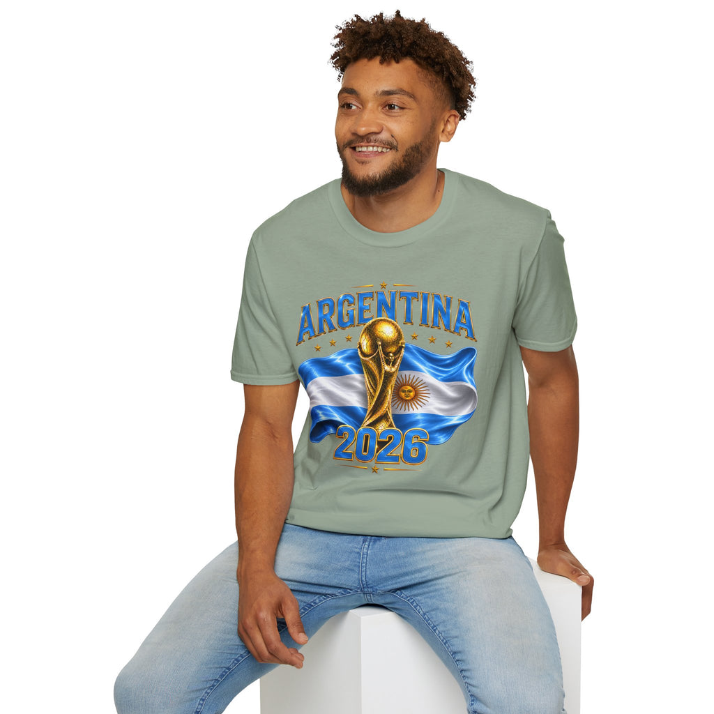 Argentina 2026 World Cup T-Shirt — Golden Trophy & Flag Soccer Fan Tee