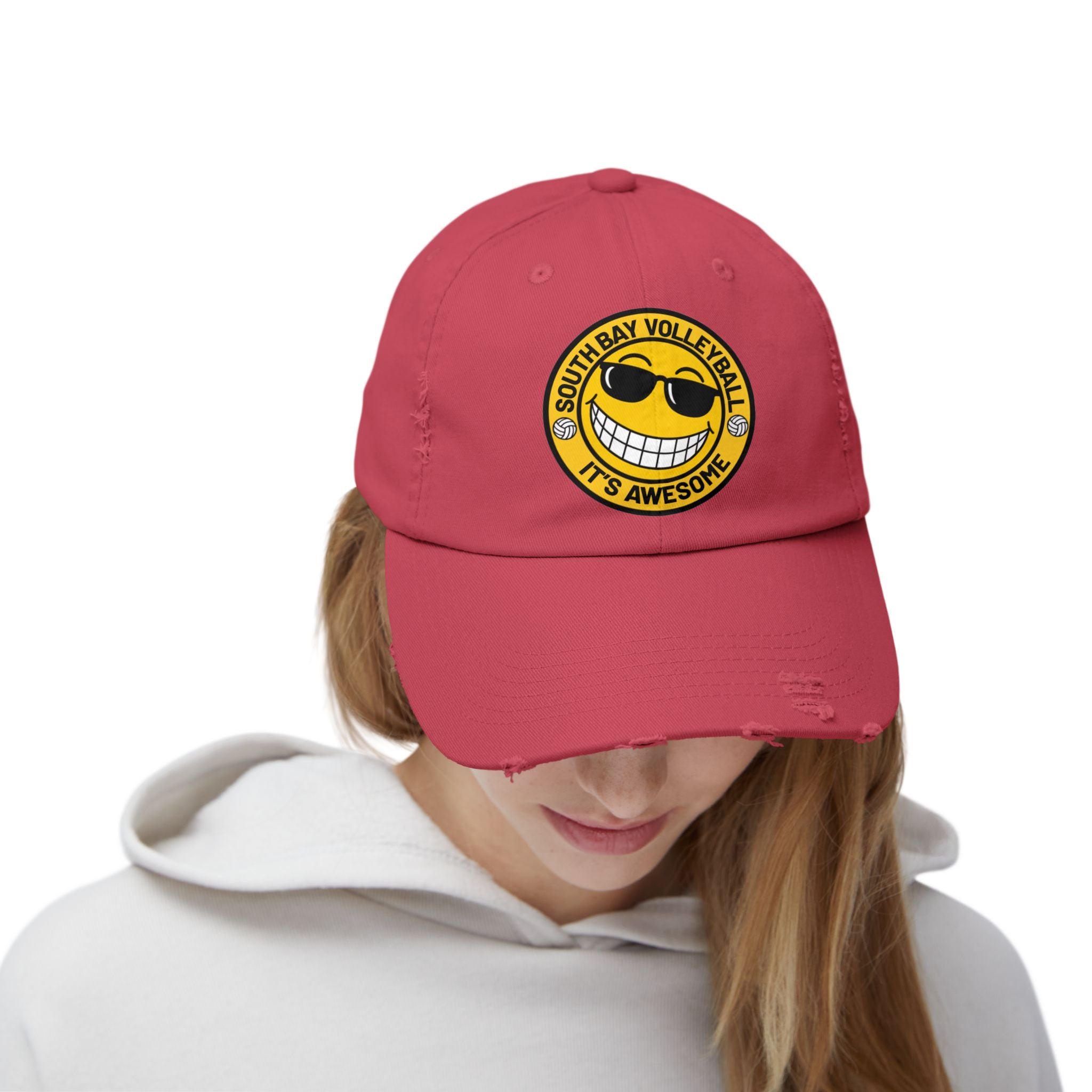Distressed Volleyball Cap - "South Bay Volleyball It's Awesome" Smiley Logo
