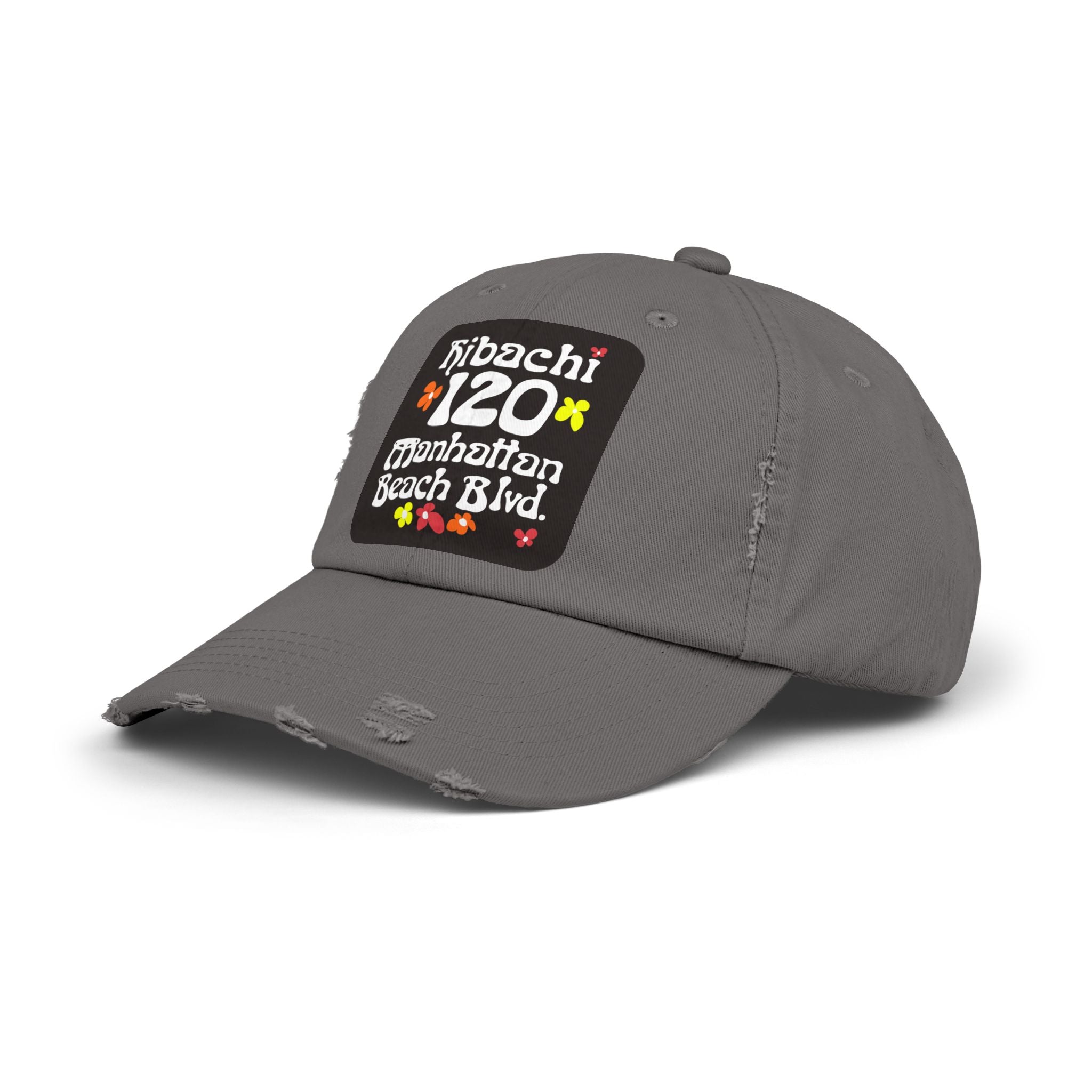 Distressed Cap — Hibachi 120 Manhattan Beach Blvd. Retro Floral Hat "Gone But Not Forgotten" #OldSchool