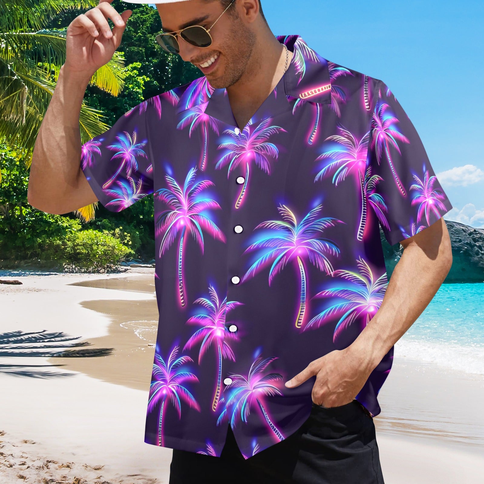 Neon Palm Trees Men's All Over Print Hawaiian Shirt Made In USA Ships to USA Only