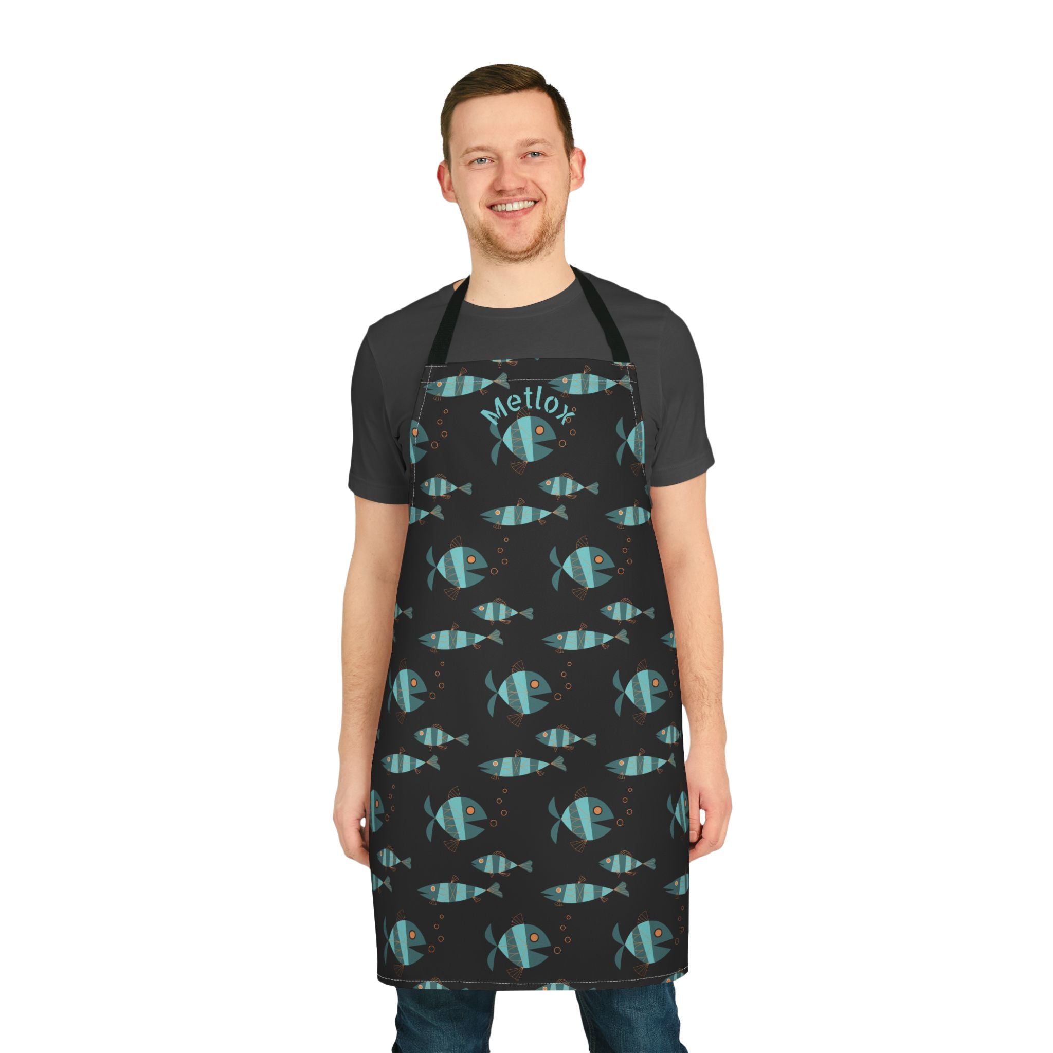 Metlox Pottery Teal Fish Pattern Apron | Nautical Kitchen Cooking Apron