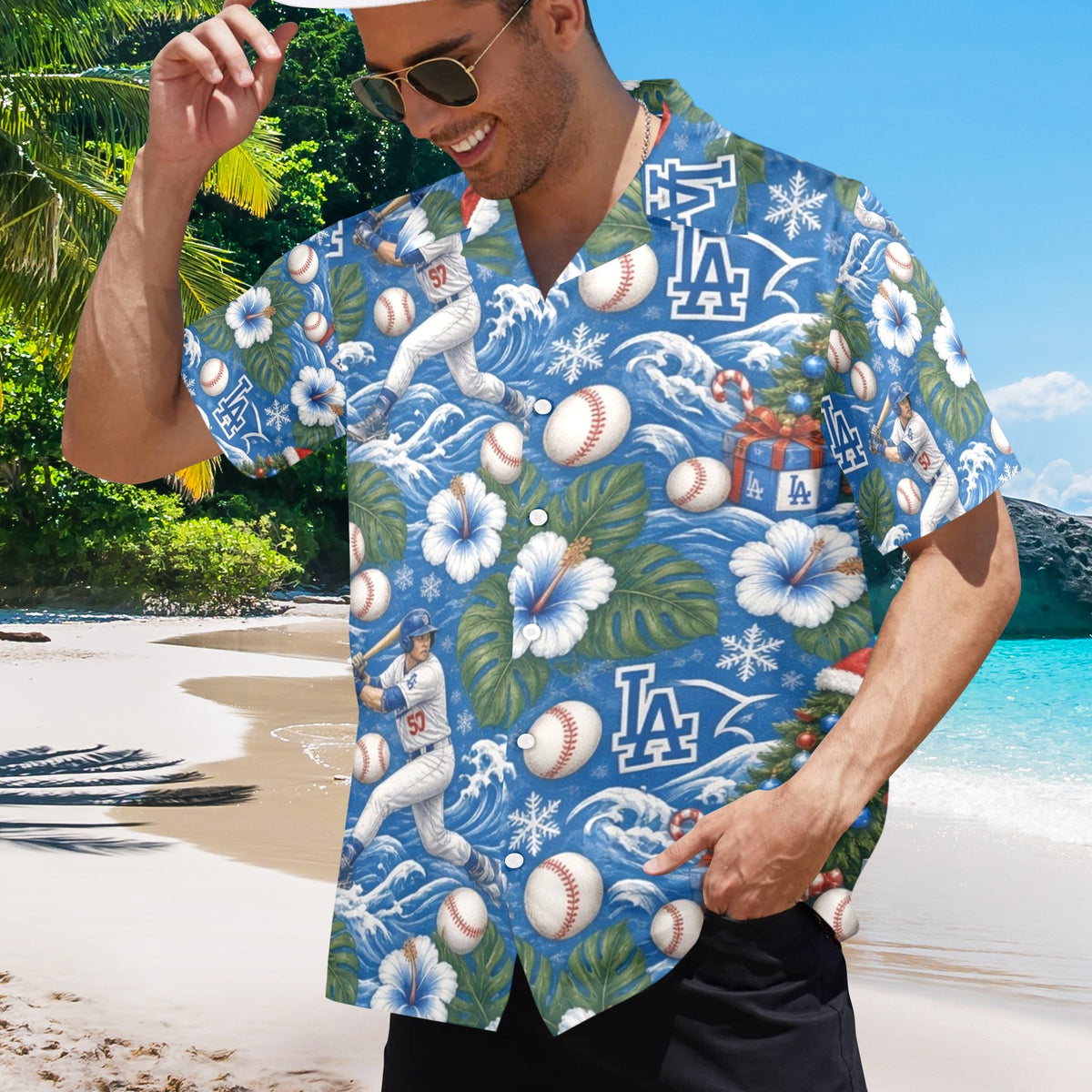 Dodgers Christmas Men's All Over Print Hawaiian Shirt Made In USA Ships to USA Only