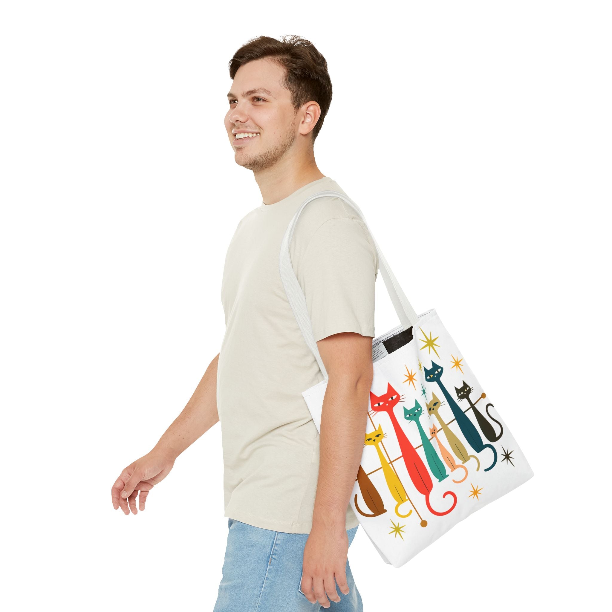 Retro Long Cats Tote Bag | Colorful Mid-Century Cat Pattern
