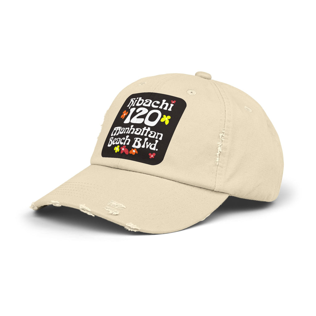 Distressed Cap — Hibachi 120 Manhattan Beach Blvd. Retro Floral Hat "Gone But Not Forgotten" #OldSchool