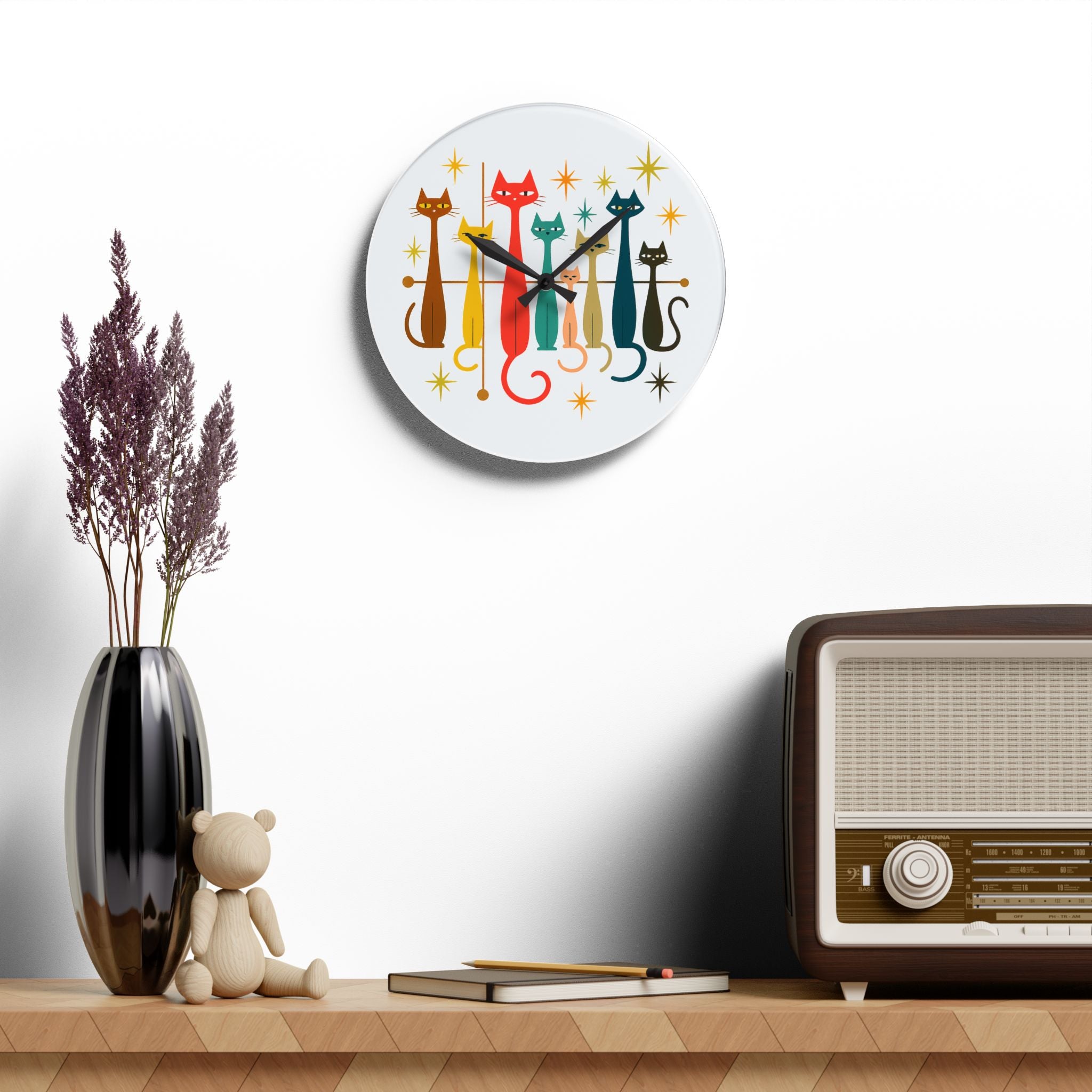 Retro Mid-Century Stylized Cats Acrylic Wall Clock | Pink Atomic Starburst
