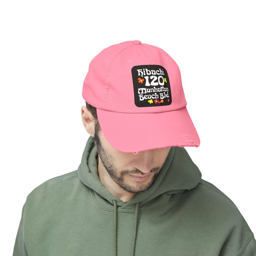 Distressed Cap — Hibachi 120 Manhattan Beach Blvd. Retro Floral Hat "Gone But Not Forgotten" #OldSchool