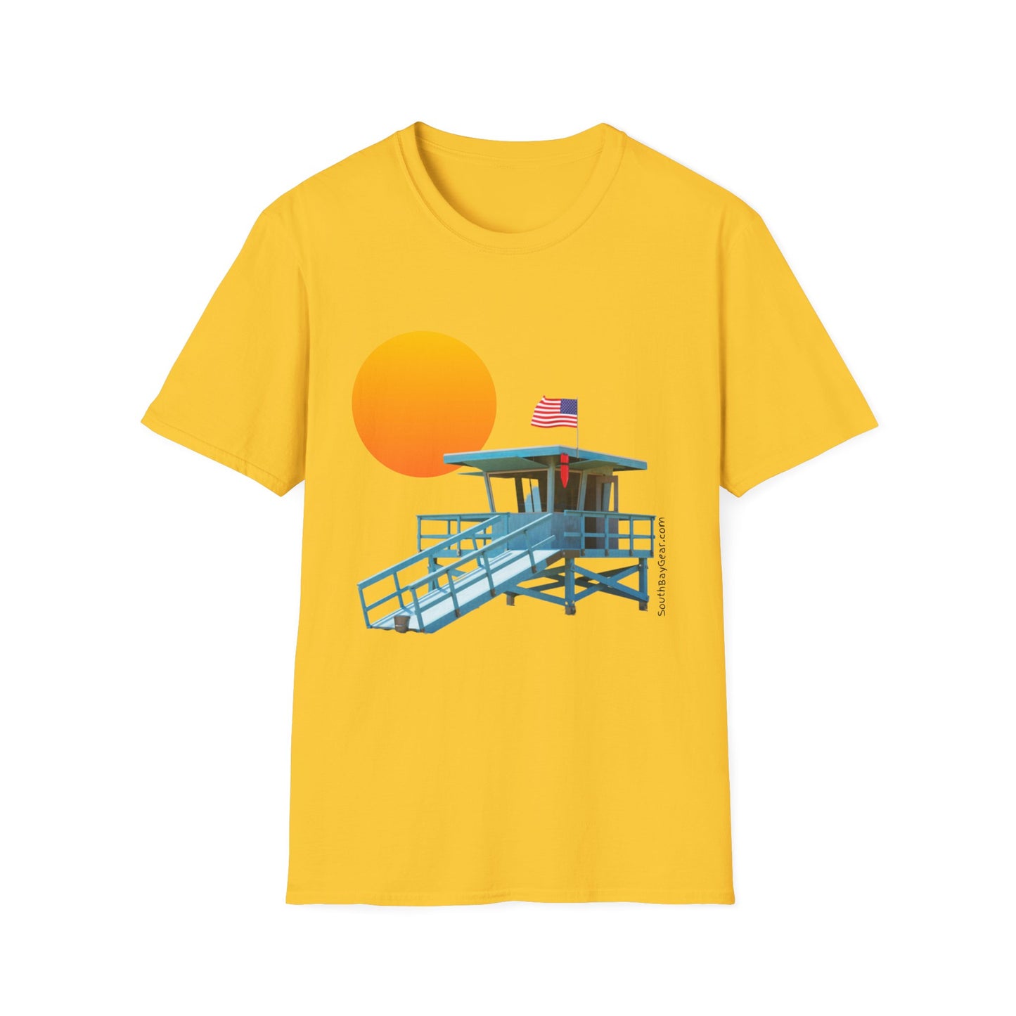 South Bay Lifeguard Stand with American Flag Beach Scene M/W Softstyle T-Shirt