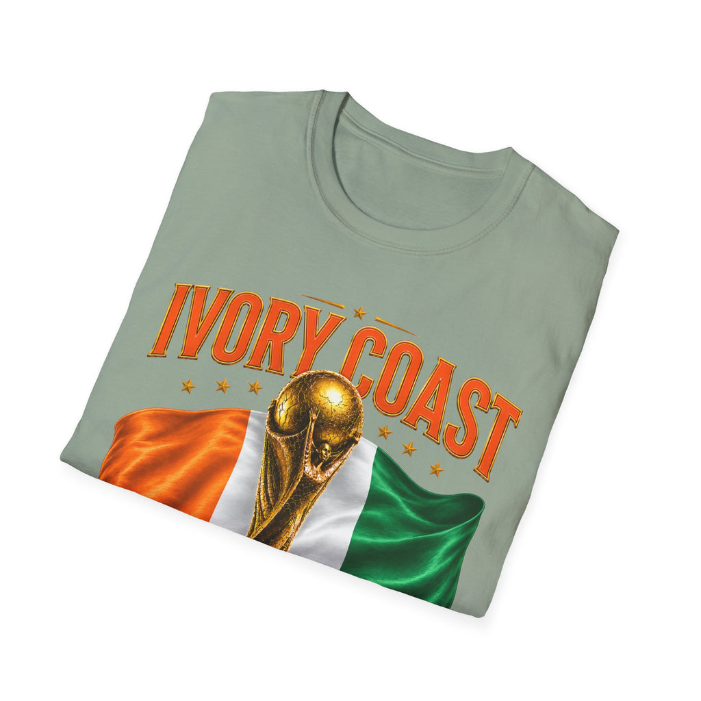 Ivory Coast 2026 World Cup T‑Shirt — FIFA Trophy & Flag Soccer Fan Tee