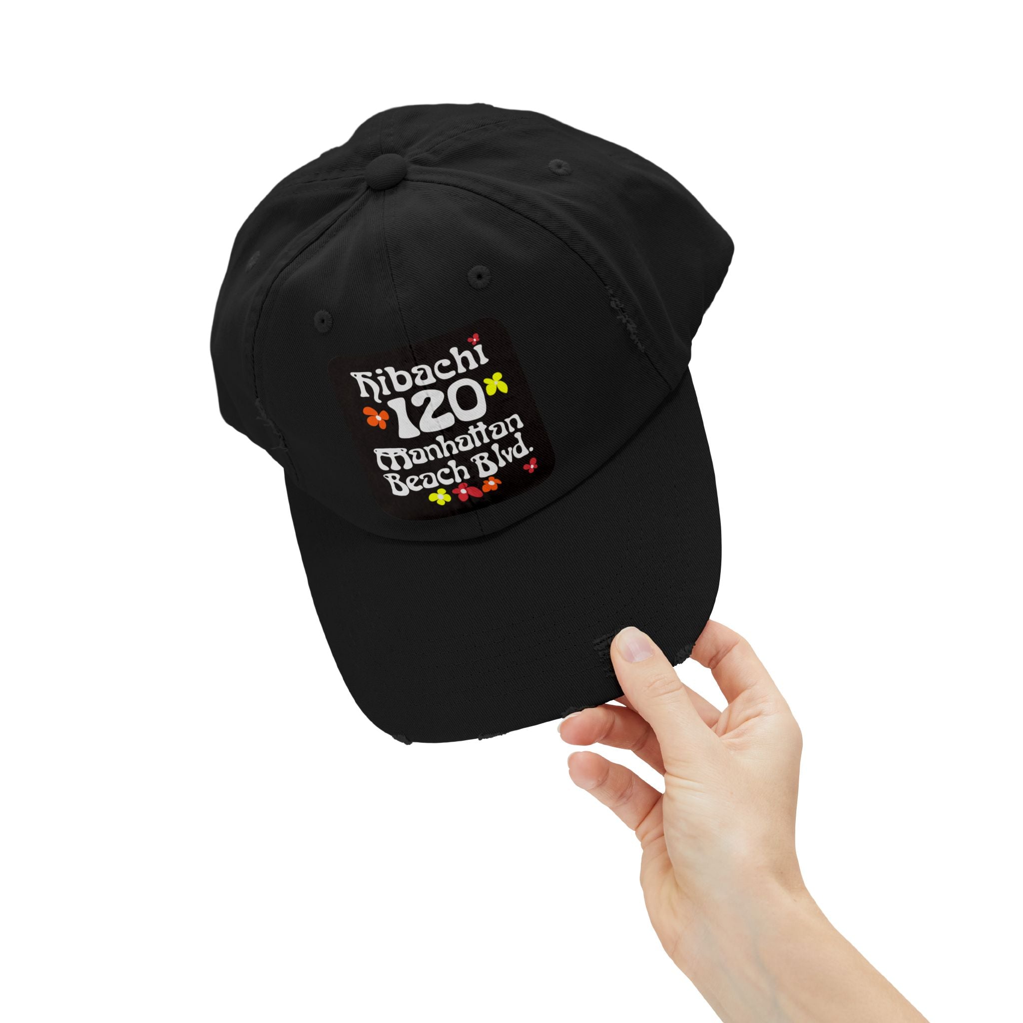 Distressed Cap — Hibachi 120 Manhattan Beach Blvd. Retro Floral Hat "Gone But Not Forgotten" #OldSchool