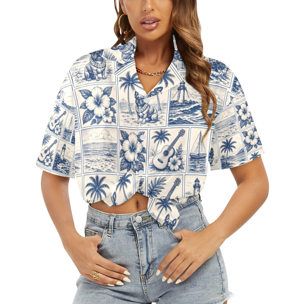 French Bull Dog Nautical Sailing Surf Women's All Over Print Hawaiian Shirt （Made in USA Ships to USA Only）