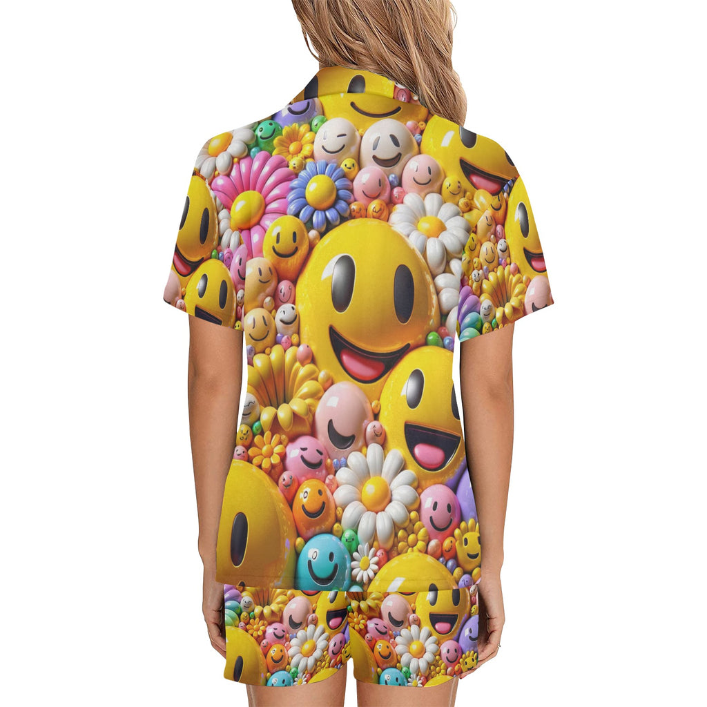 Emoji Smiles Women's V-Neck Short Pajama Set Made in USA Free shipping