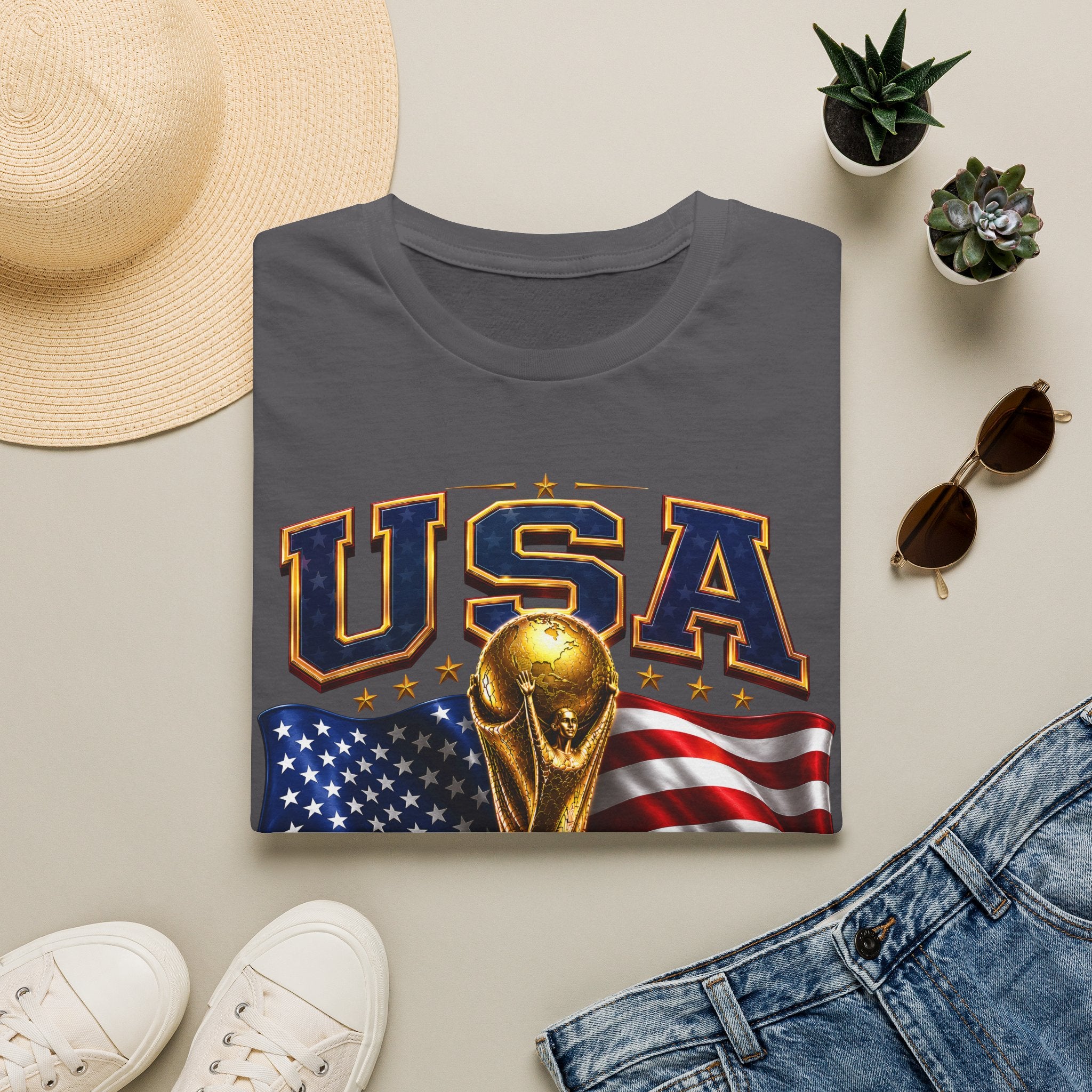 USA World Cup 2026 Soccer T-Shirt – American Flag & Trophy Design