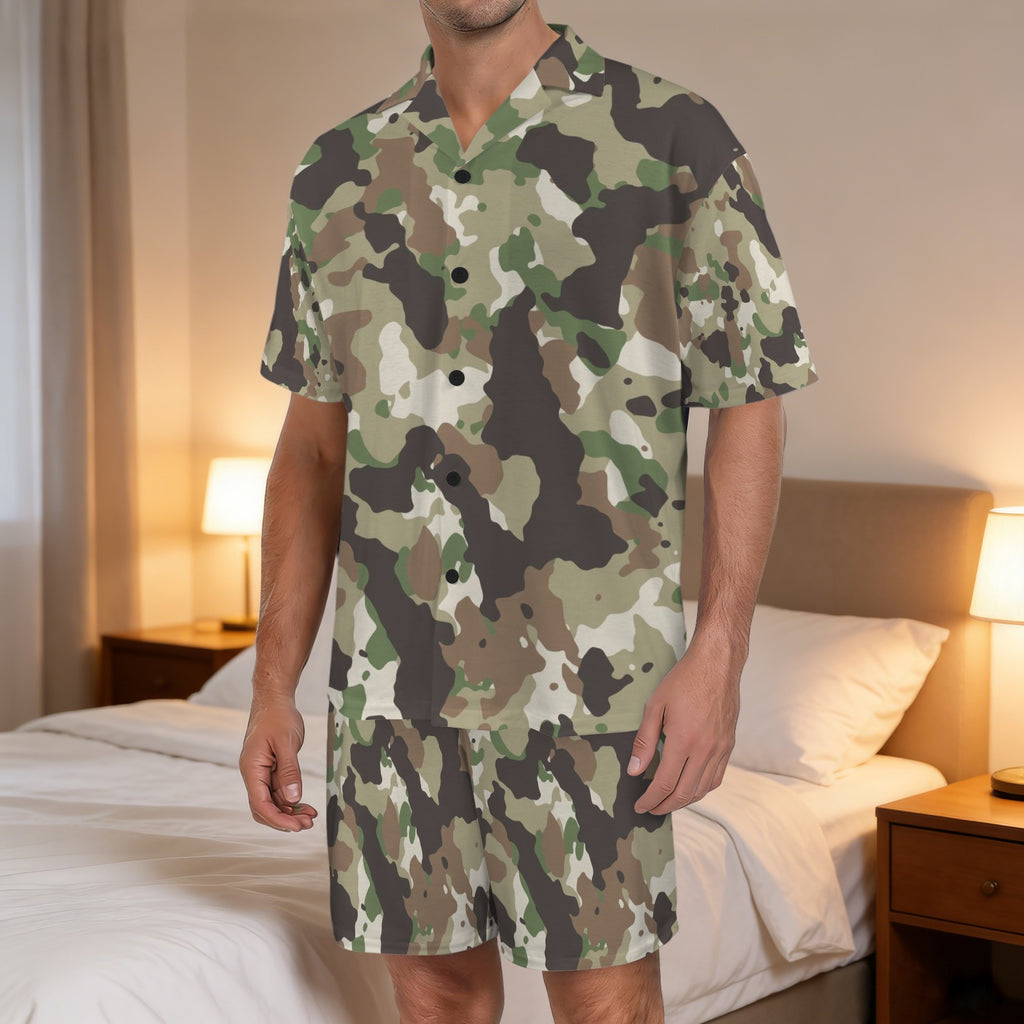 Camo Men's V-Neck Short Pajama Set (Made in USA，Ships to USA Only)
