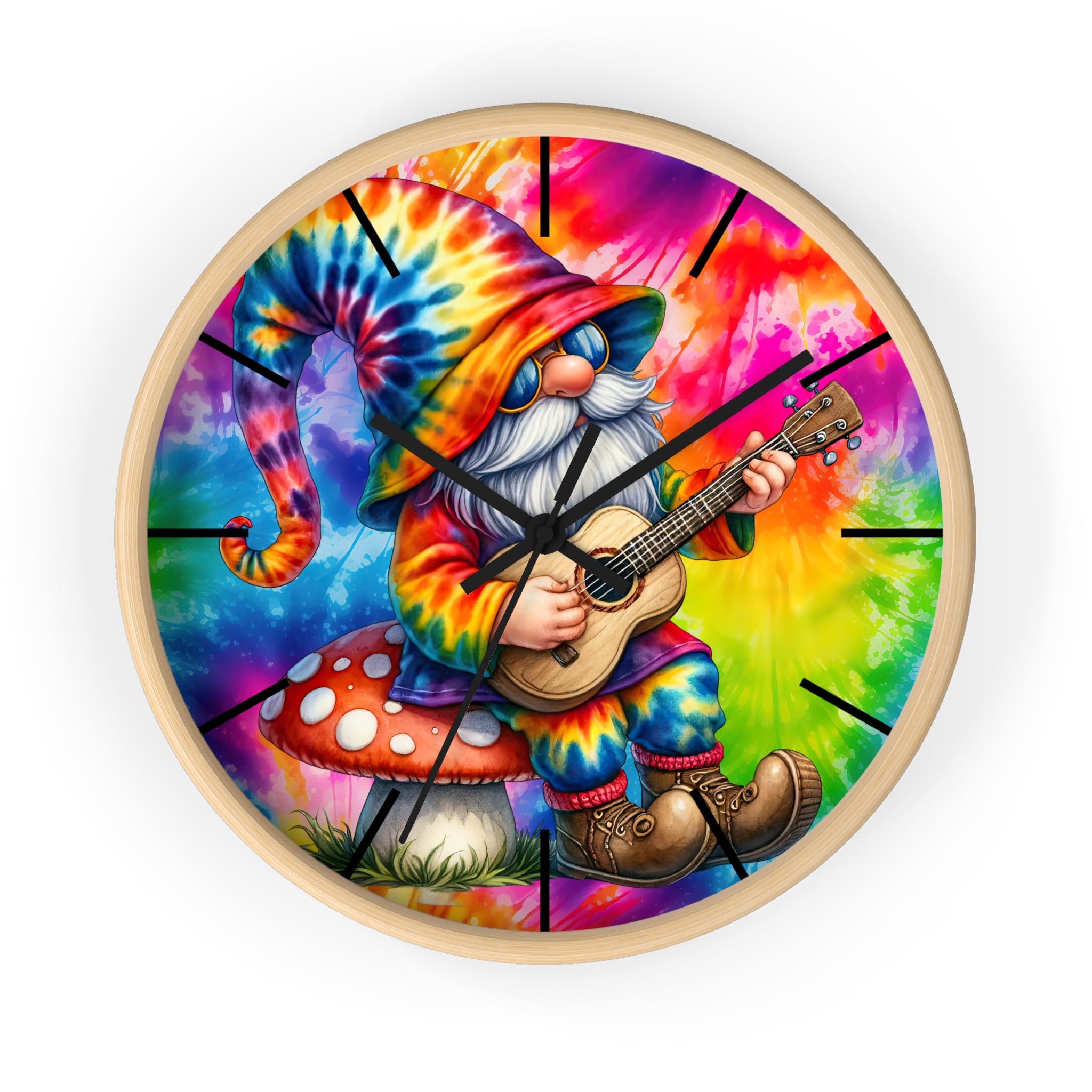 Tie-Dye Gnome Wall Clock — Psychedelic Mushroom Guitar Decor