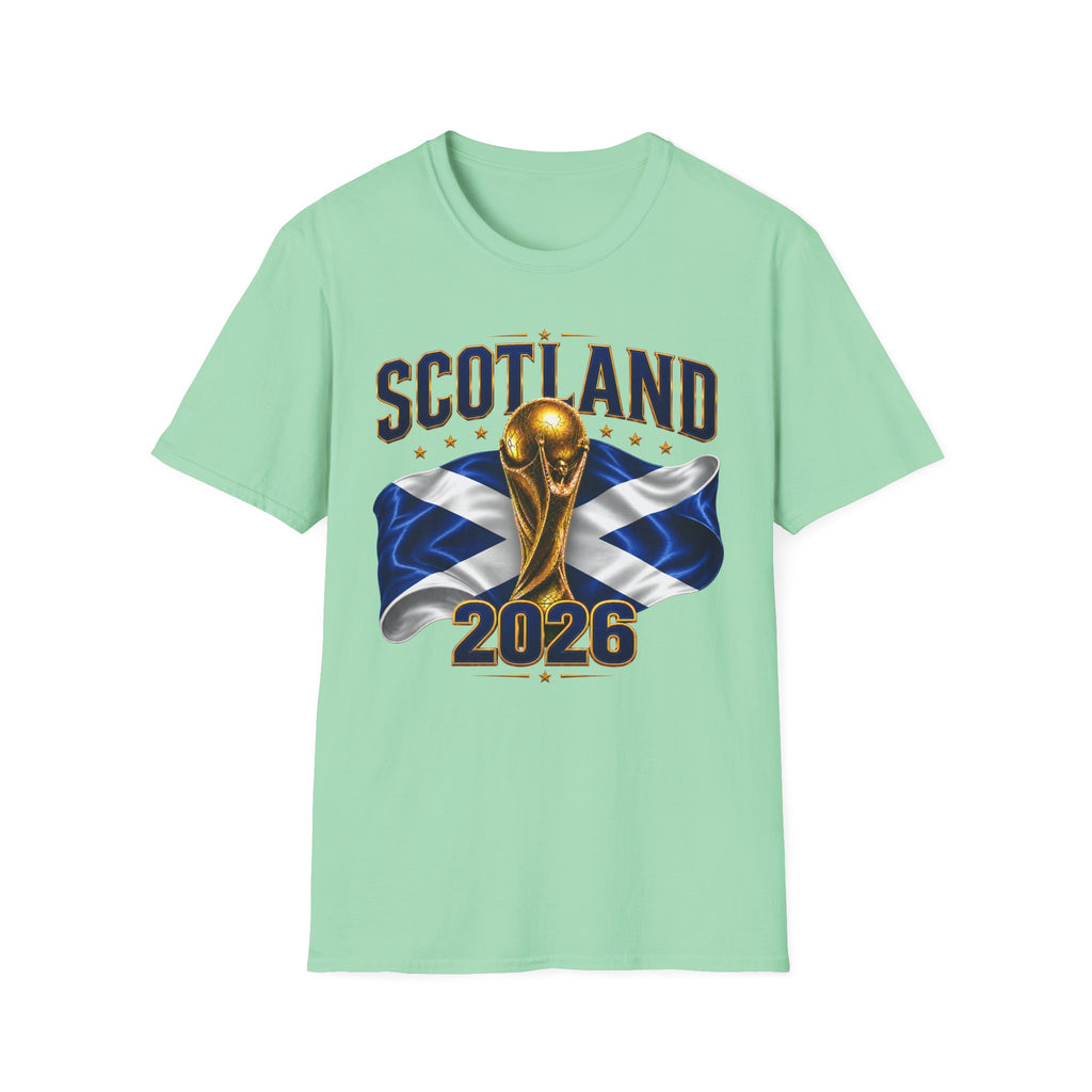 Scotland 2026 World Cup Soccer T-Shirt — Scottish Flag & Trophy Football Tee